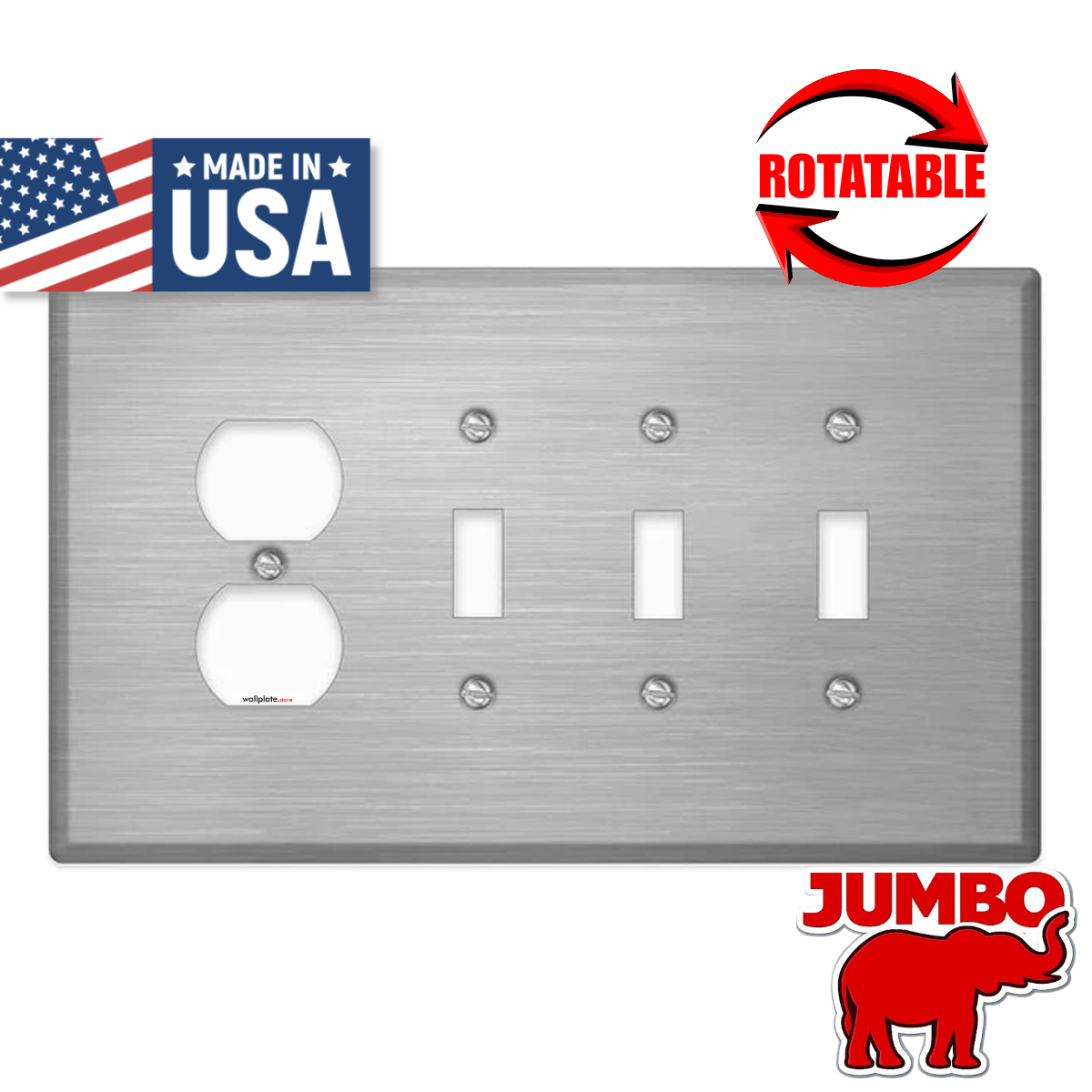 4 Gang Oversized, 3 Toggle Switches and 1 Duplex Receptacle , Stainless Steel Wallplate