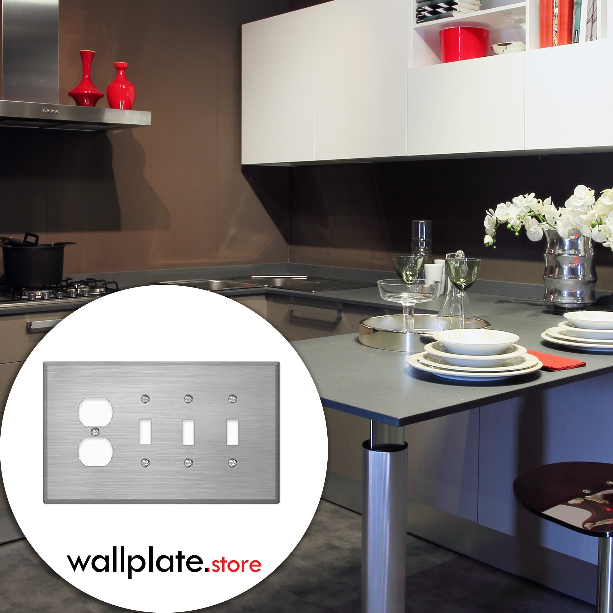 4 Gang Oversized, 3 Toggle Switches and 1 Duplex Receptacle , Stainless Steel Wallplate in use 