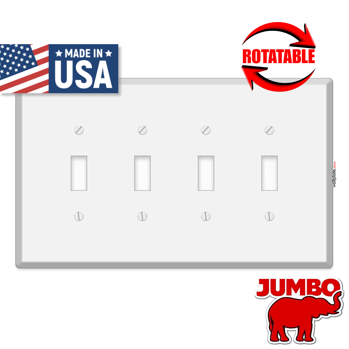 4 Gang Jumbo Oversized Toggle Switch Wall Plate Cover - White Metal - Made in USA