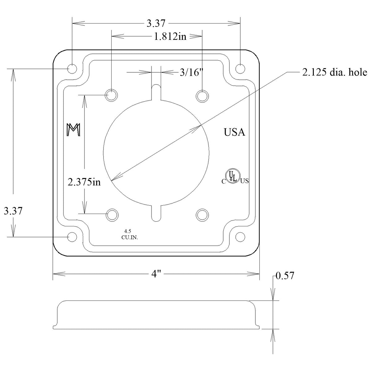 Layout and dimensions for 4 inch square cover, raised 1/2 inch, 2.125 in. dia. range/dryer receptacle