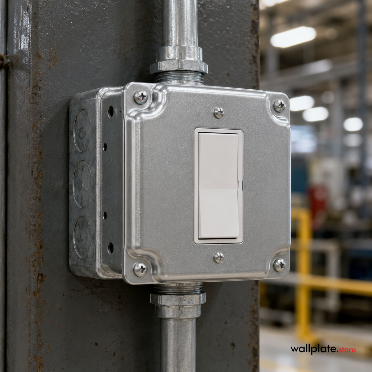 4-Inch Square Raised GFCI & Rocker Switch Electrical Box Cover – Silver Galvanized Steel