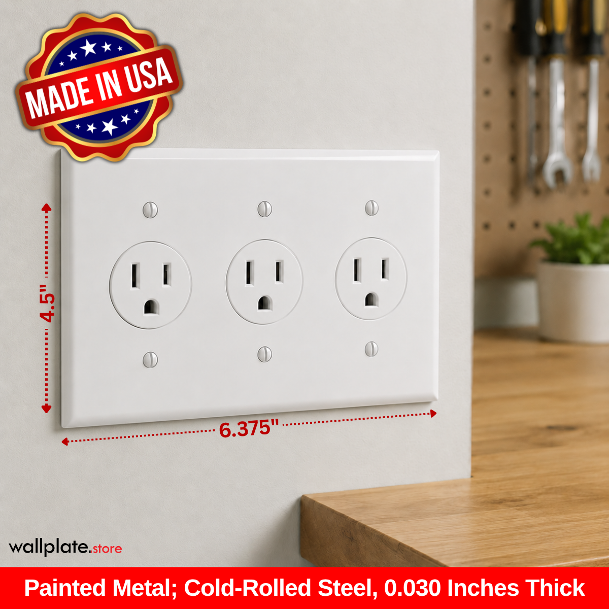 3-Gang, Standard Size, 3 Round Receptacle Opening, White Semi-Gloss Metal Wall Plate Cover -  Made in USA