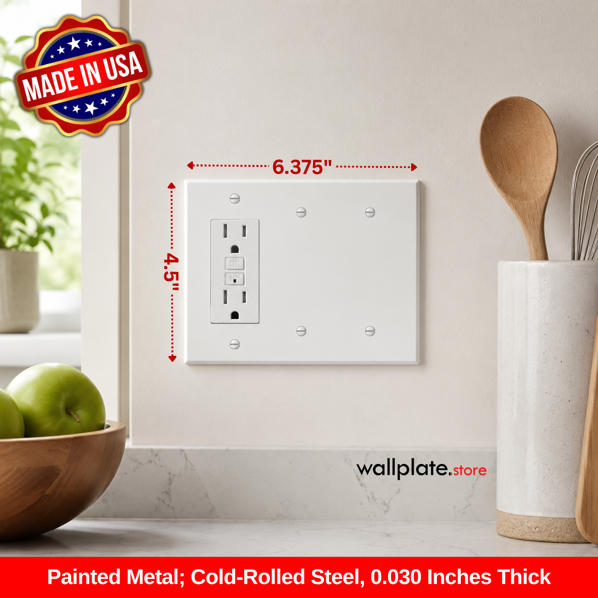 3-Gang Metal Wall Plate – 1 GFCI Rocker + 2 Blank – White Semi-Gloss – Made in the USA