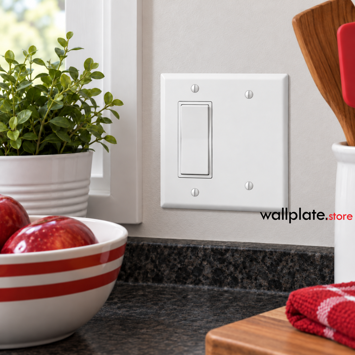 2-Gang White Metal Rocker + Blank Wall Plate – Installed in Kitchen Above the Counter, Made in USA