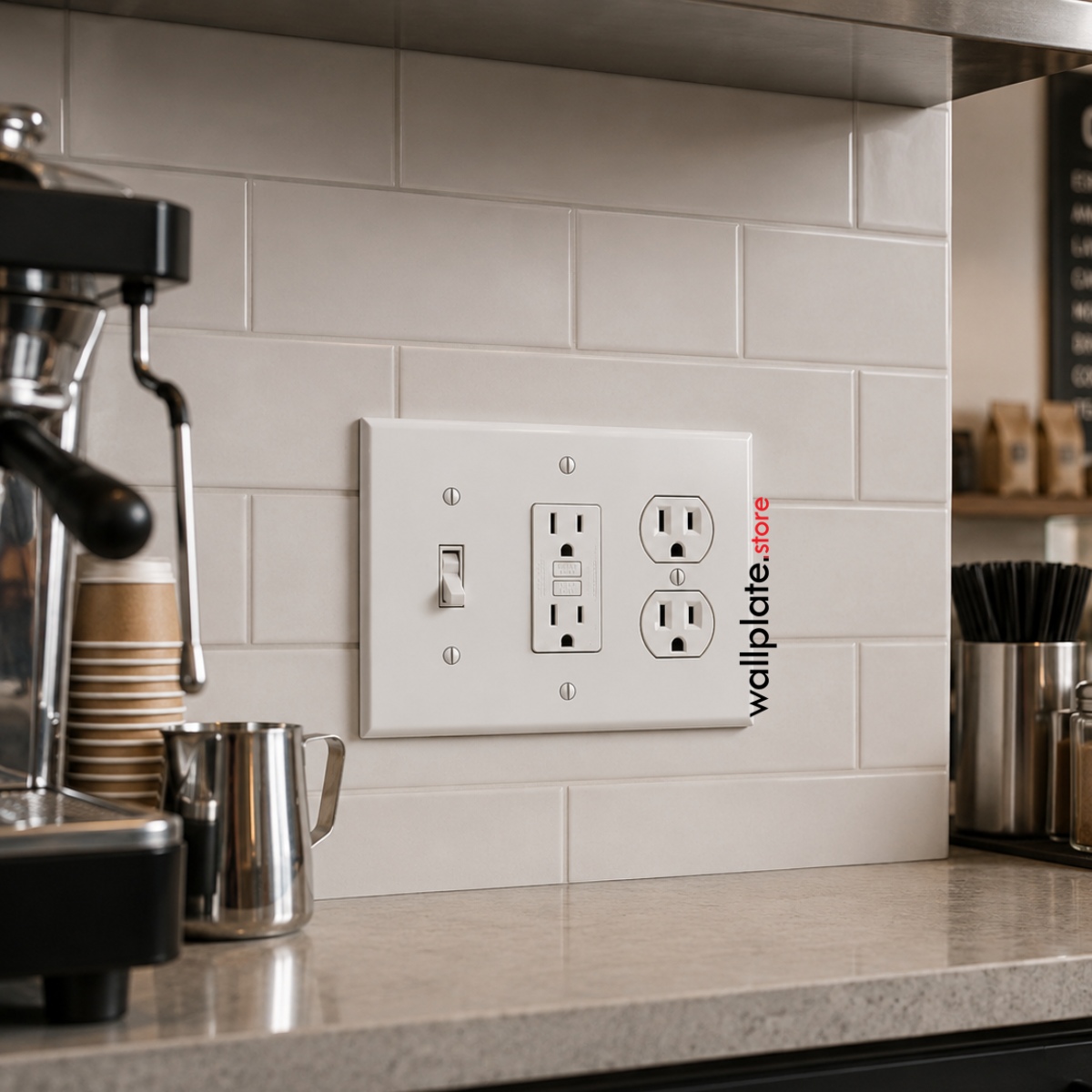 3-Gang, Standard Size, 1 Toggle Switch, 1 Single Rocker/GFI and 1 Duplex Receptacle, White Semi-Gloss Finish Plate Cover -  Made in USA