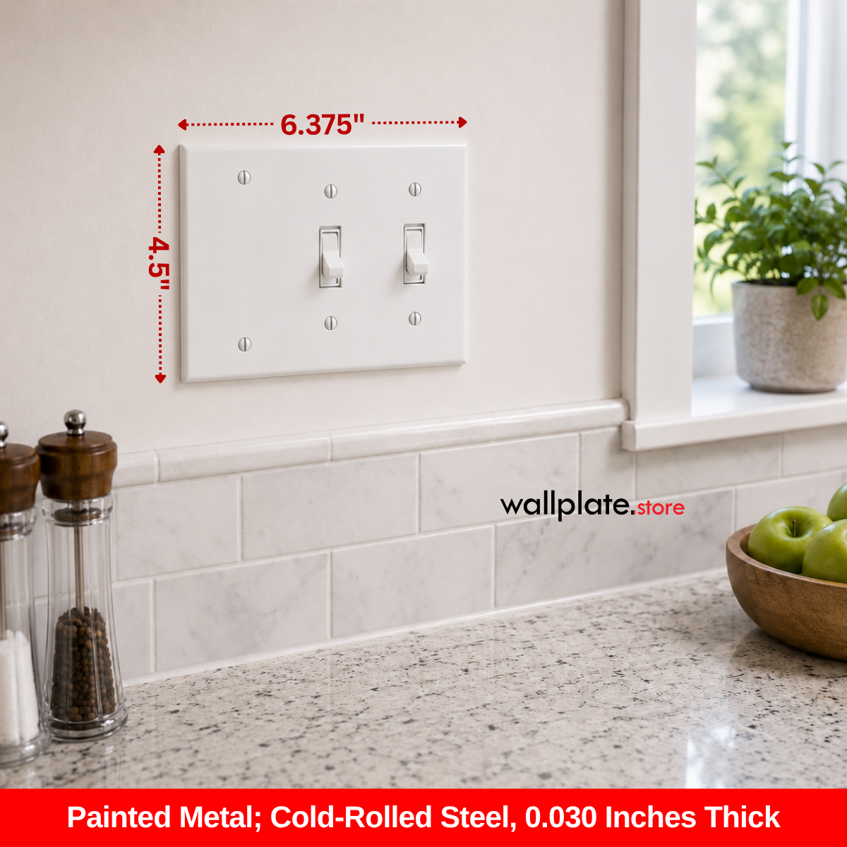 3-Gang White Metal Wallplate with 2 Toggle and 1 Blank, Standard Size - Made in USA