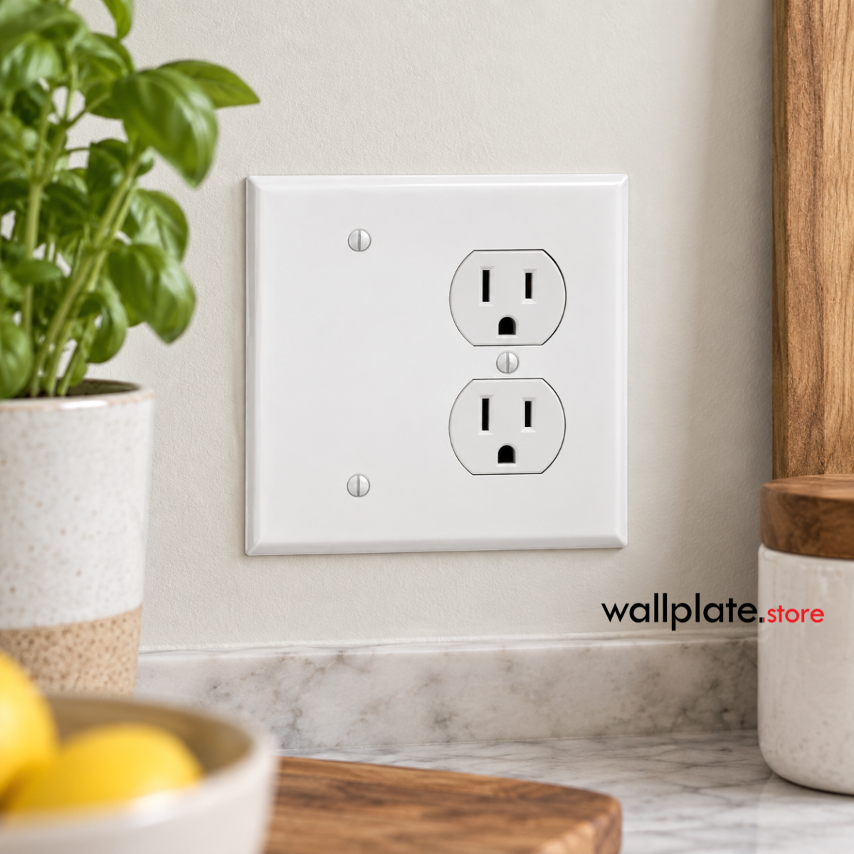 A white 2-gang metal wall plate mounted in a kitchen with one gang being a duplex outlet and the other gang being blank.