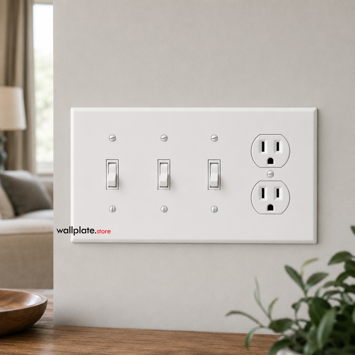 4-Gang with (3) Toggle (1) Duplex, Standard Size, White Painted Metal Wall Plate