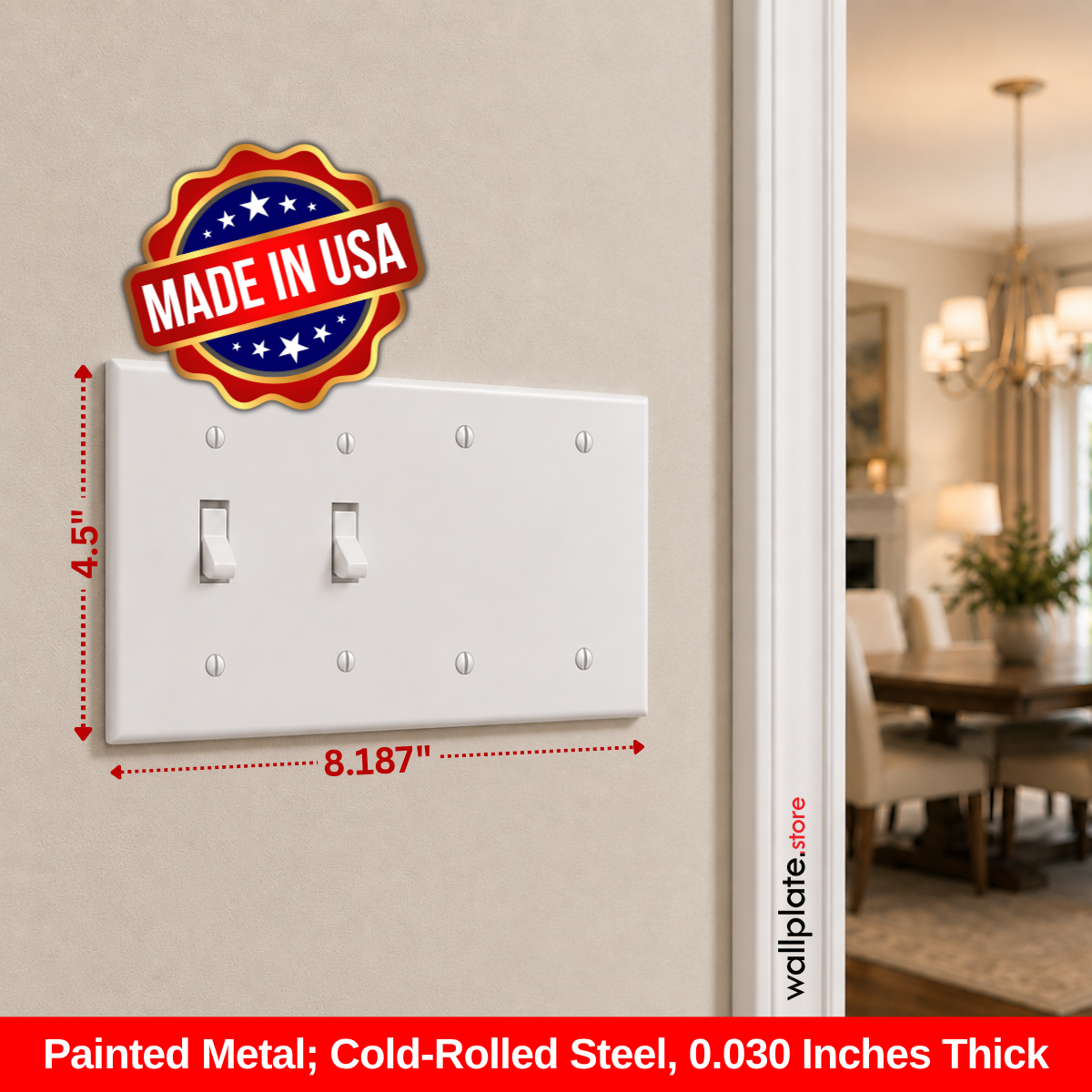4-Gang, Standard Size, 2 Toggle Switches and 2 Blanks, White Semi-Gloss Finish Wall Plate Outlet Cover -  Made in USA