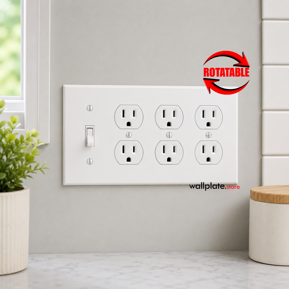 4-Gang, Standard Size, 1 Toggle Switch and 3 Duplex Receptacles, White Semi-Gloss Finish Wall Plate Outlet Cover -  Made in USA