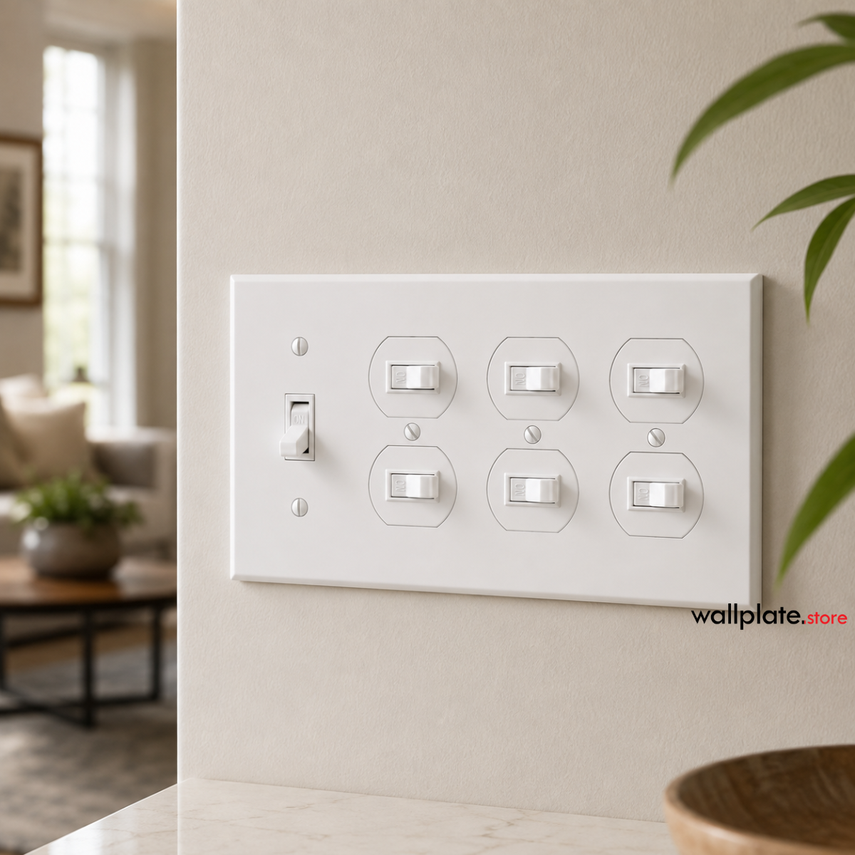 4-Gang, Standard Size, 1 Toggle Switch and 3 Duplex Receptacles, White Semi-Gloss Finish Wall Plate Outlet Cover -  Made in USA