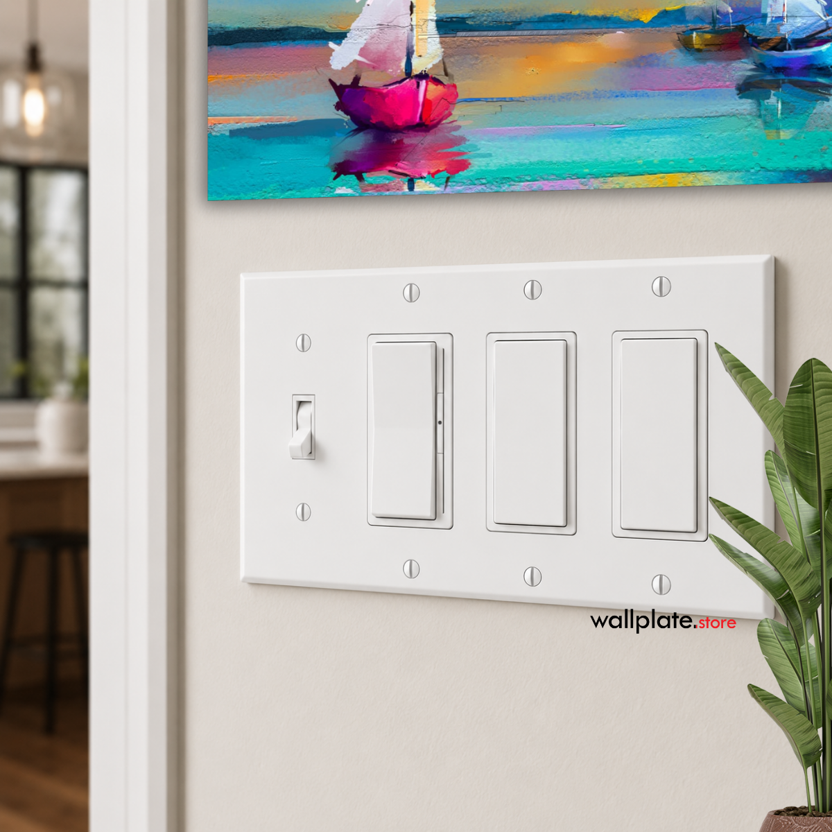 4-Gang, Standard Size, 1 Toggle Switch and 3 Rocker Switches, White Semi-Gloss Finish Wall Plate Outlet Cover -  Made in USA