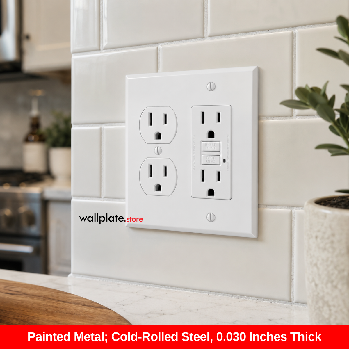 2-gang white metal wall plate for duplex receptacle and rocker switch installed on tile backsplash