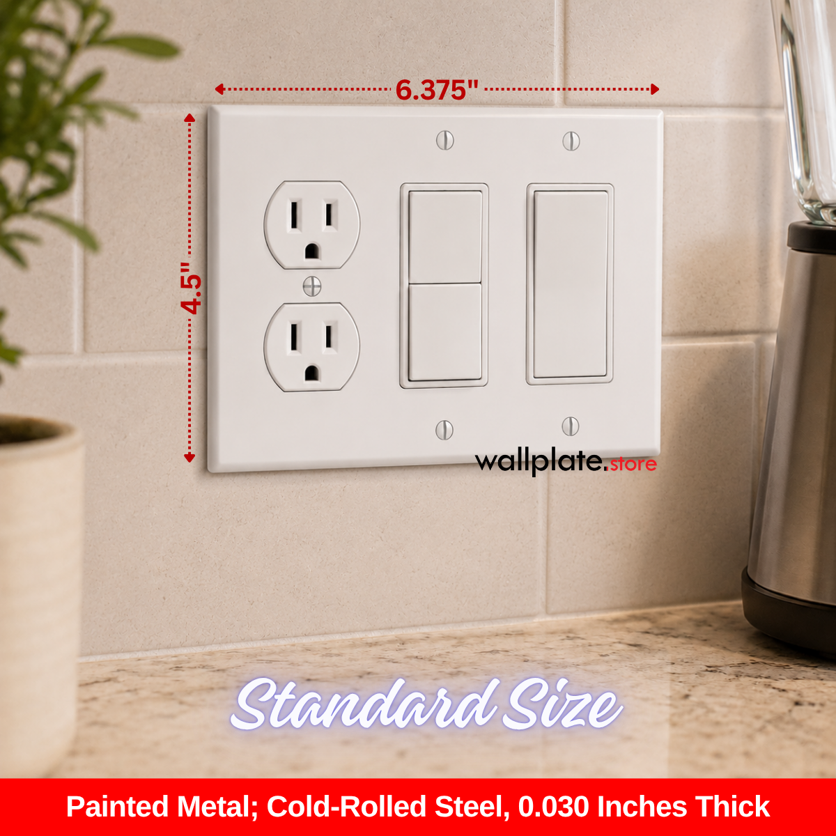 3-Gang, Standard Size, 1 Duplex Receptacle and 2 Rocker/GFI, White Semi-Gloss Finish Plate Cover -  Made in USA