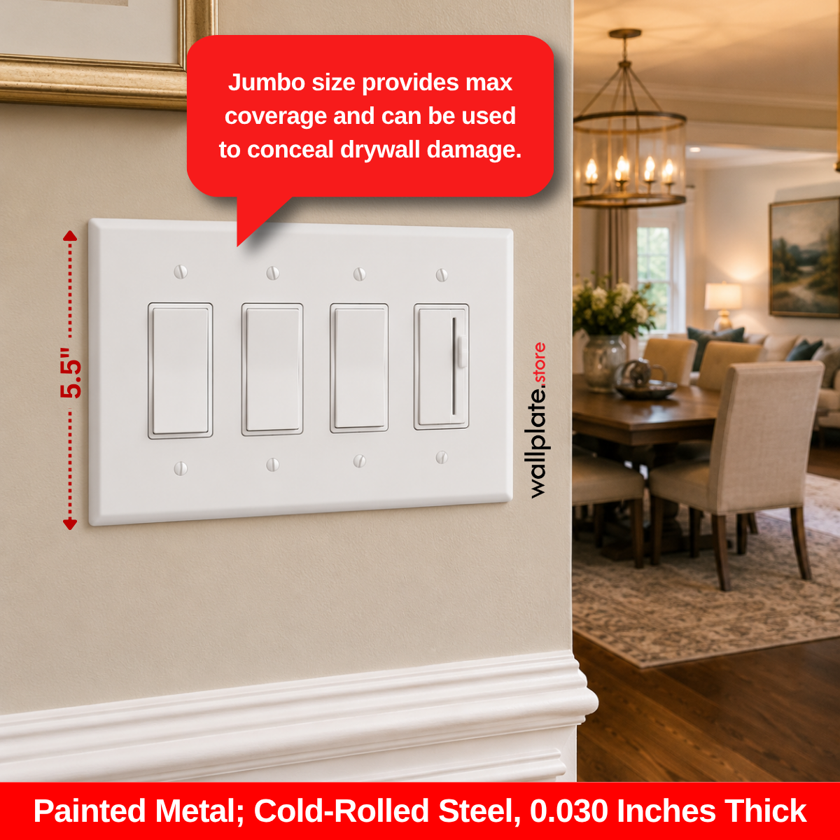 4-Gang Jumbo Oversize Wall Plate Cover – Compatible with Decora® Devices – White Painted Metal – Made in USA