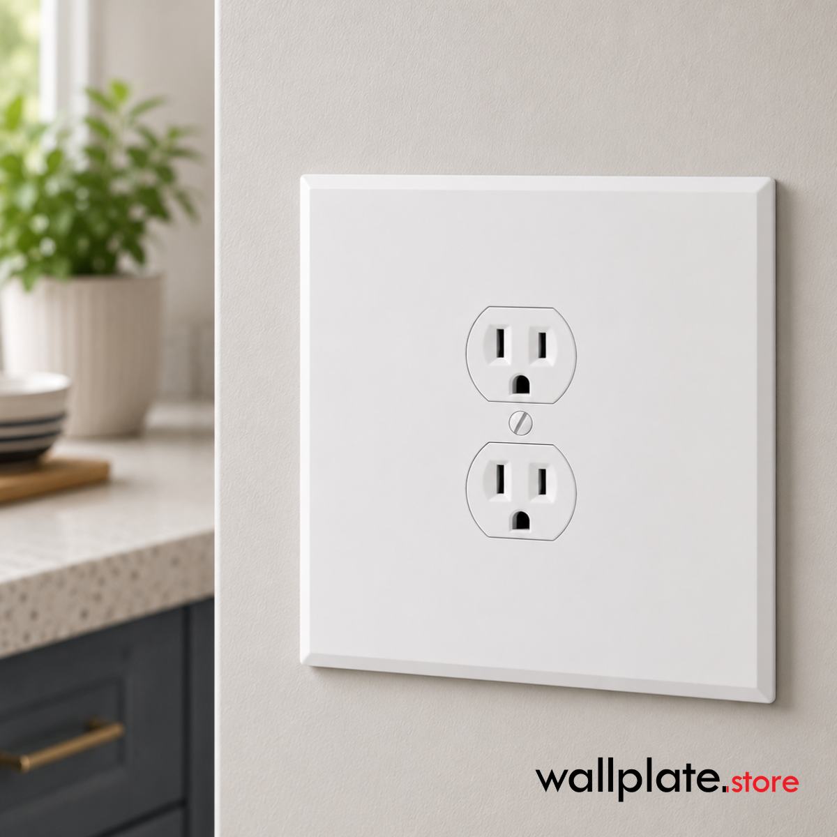 2-Gang Oversize Metal Wall Plate – 1 Centered Duplex Receptacle – White Semi-Gloss installed in kitchen.