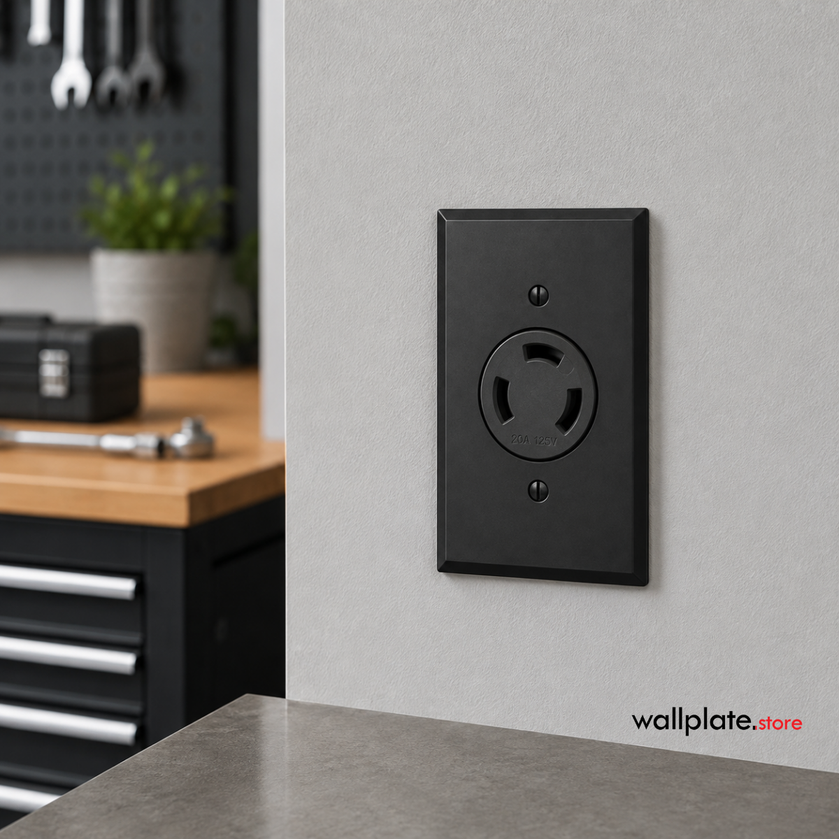 A matte black electrical outlet cover plate mounted on a light gray wall, with a blurred workshop or garage background and a visible wallplate.store watermark in the lower right.