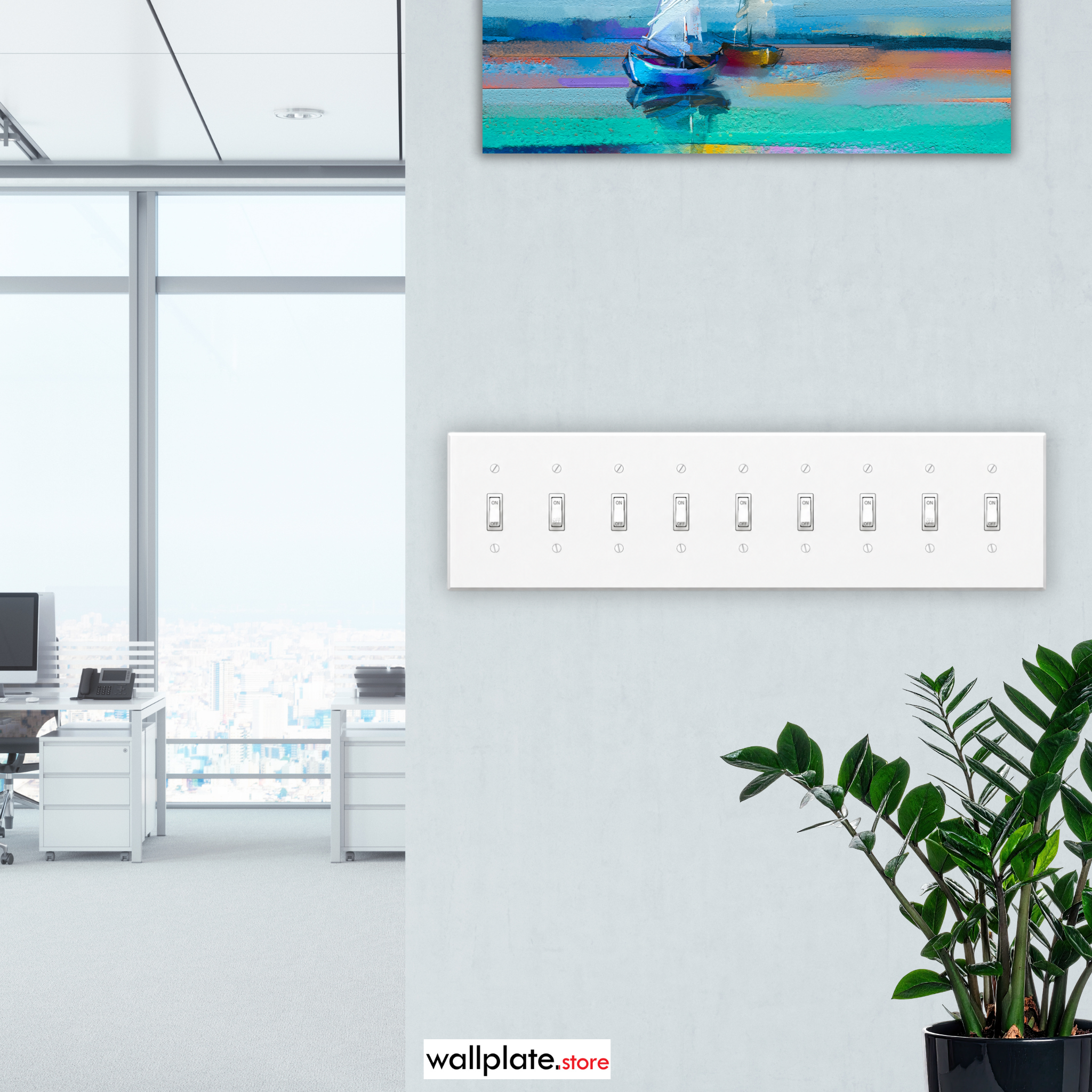 9-Gang Toggle, Standard Size, White Painted Metal Wall Plate