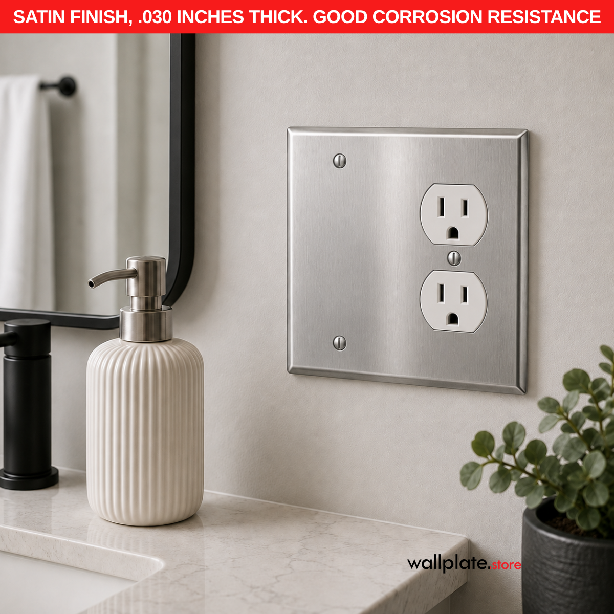 2 Gang Stainless Steel Duplex Receptacle and Blank Wall Plate - Made in USA