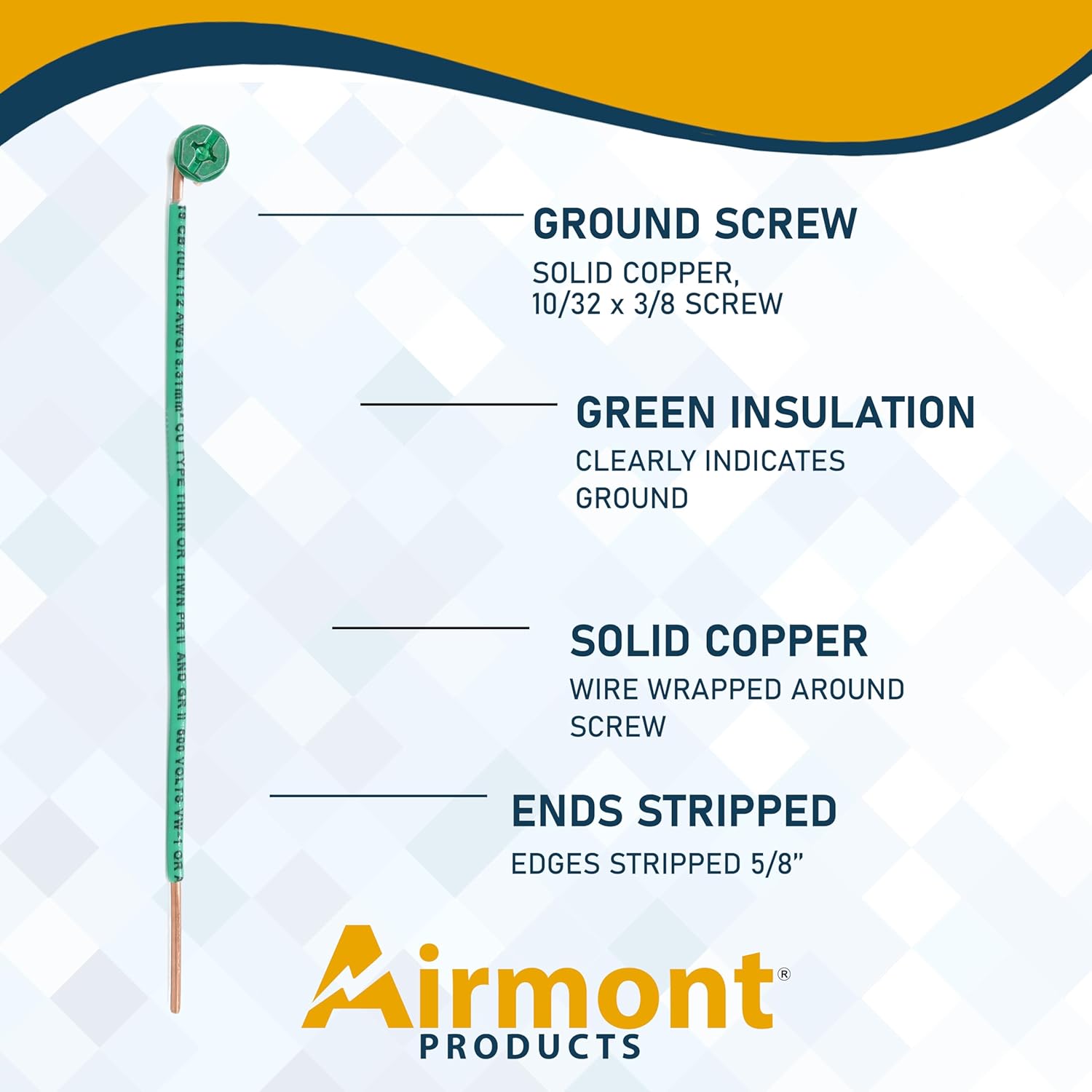 (Pack of 100) Green Ground Wire and Screw, Solid Copper, Grounding Wire 6.5 Inches, Edge Stripped 5/8'', 10/32 x 3/8 Green Screw, 12 AWG, Captive Green Ground Screw