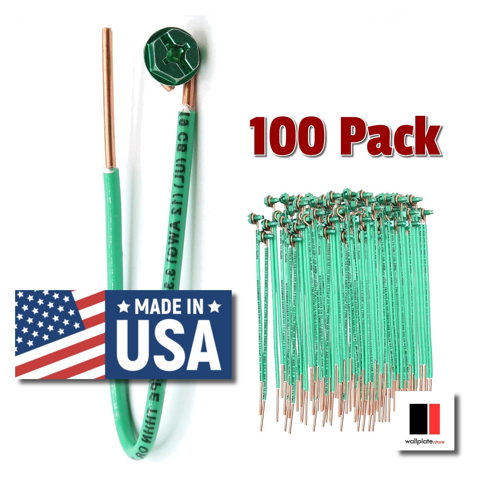 Green Ground Pigtail Wire with Screw - Made in USA - Pack of 100
