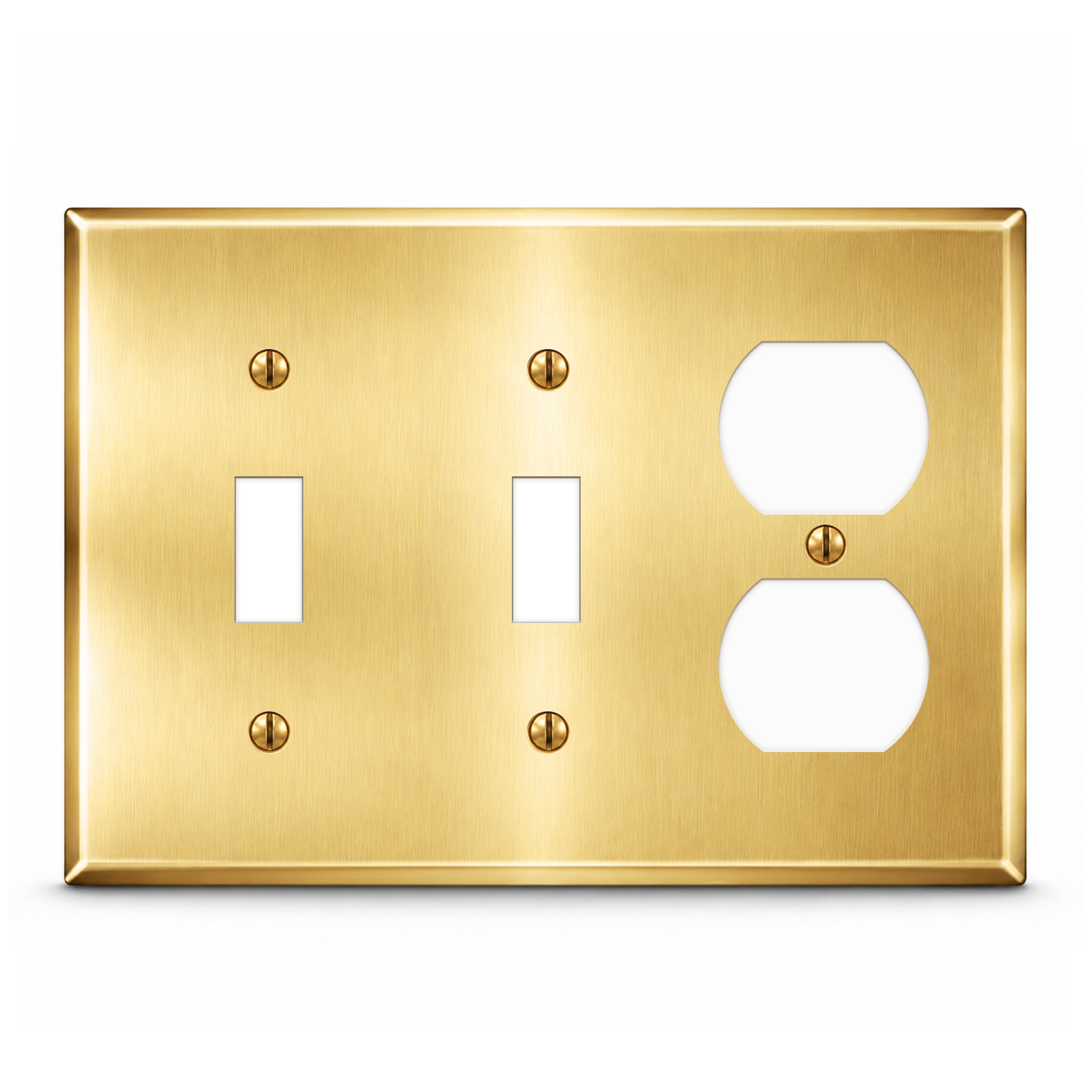 A brushed brass double-gang light switch and outlet cover plate shown on a solid white background.