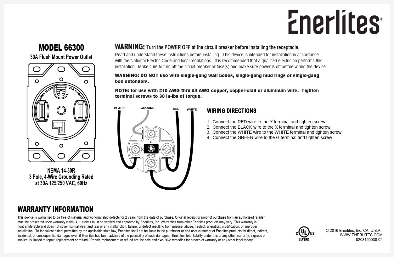 Enerlites 66300-BK, Flush Mount Receptacle, 3-pole, 4-wire, Grounding, NEMA 14-30R, Black
