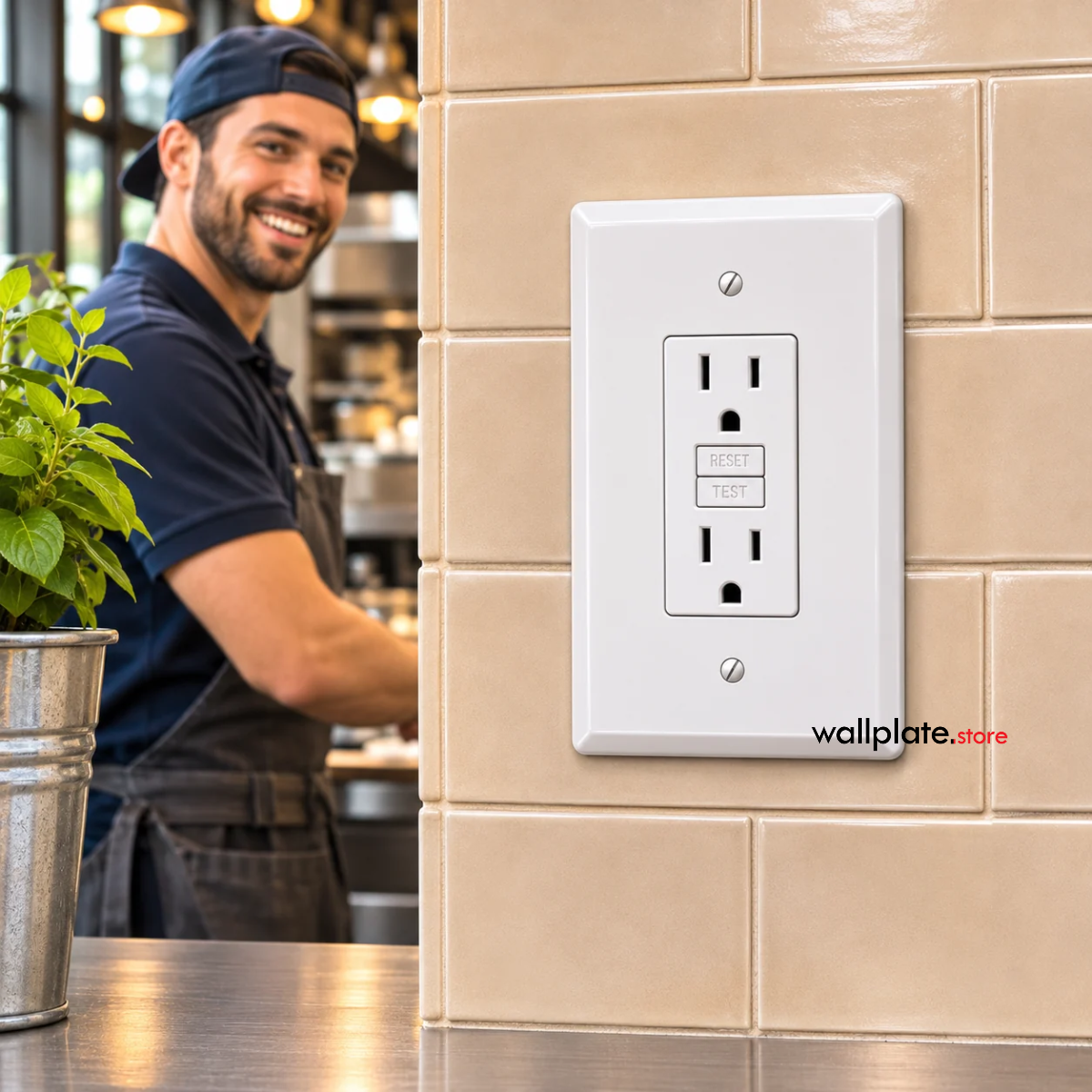 1-Gang Oversize Metal Wall Plate – 1 Decora/GFCI Opening – White Semi-Gloss Installed on Tiles Over The counter in Restaurant Kitchen