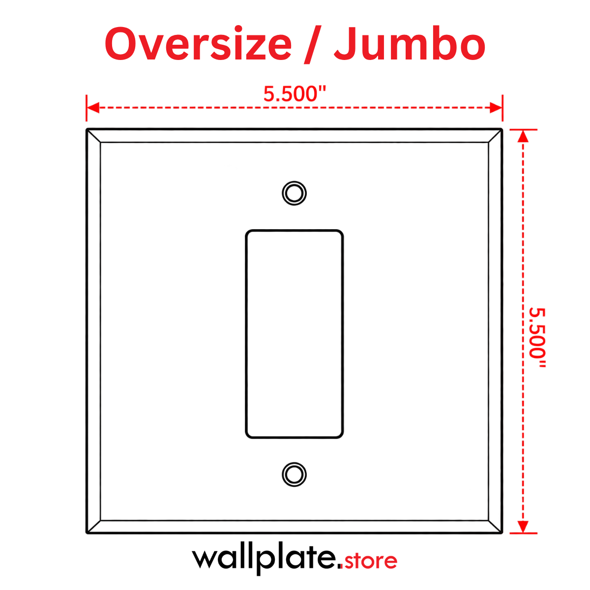 Layout and dimensions for a 2-Gang Jumbo Oversized Wall Plate with 1 Centered Decora/GFCI/Block/Rocker Opening.