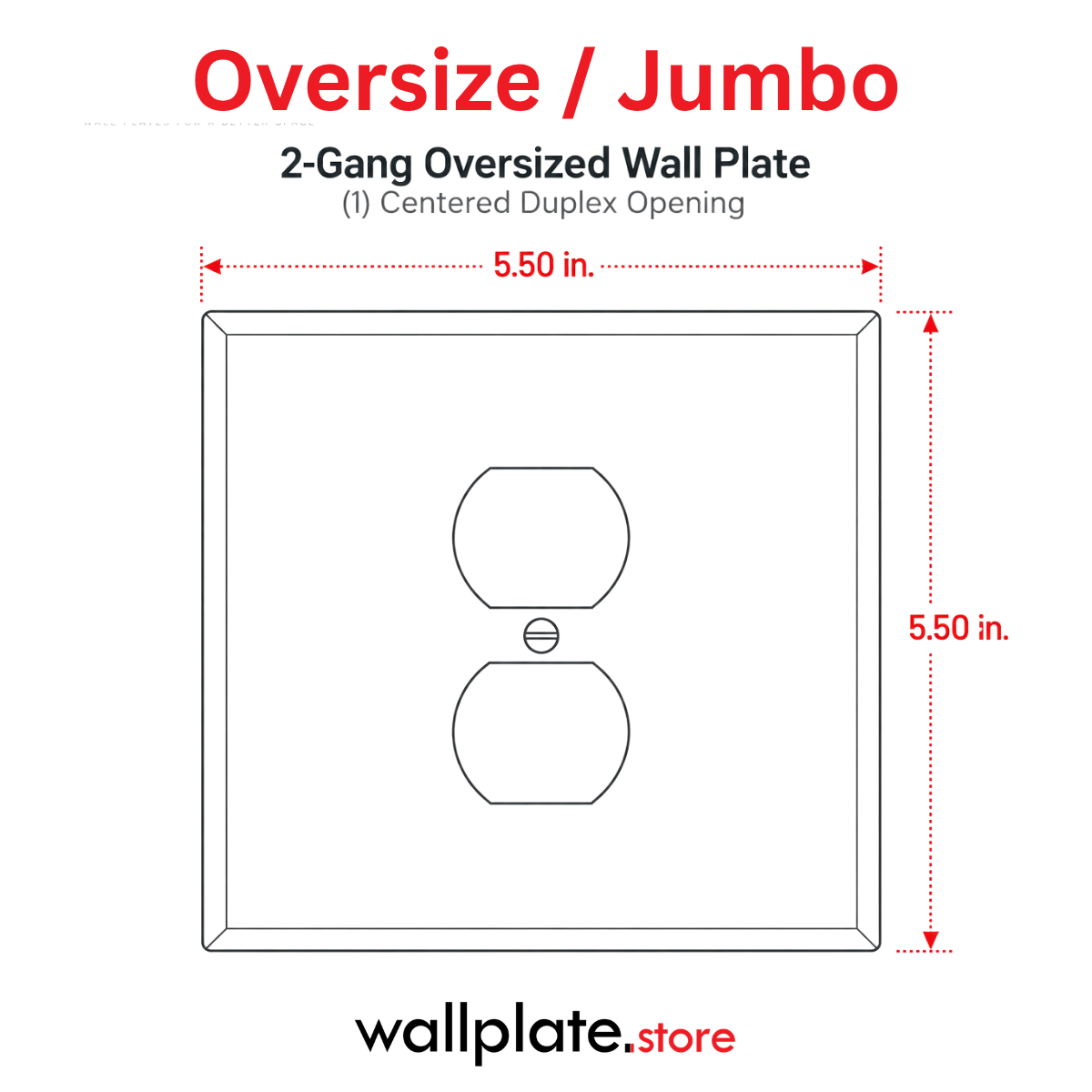 Layout and Dimensions for 2-Gang Oversize Metal Wall Plate with 1 Centered Duplex Receptacle Opening