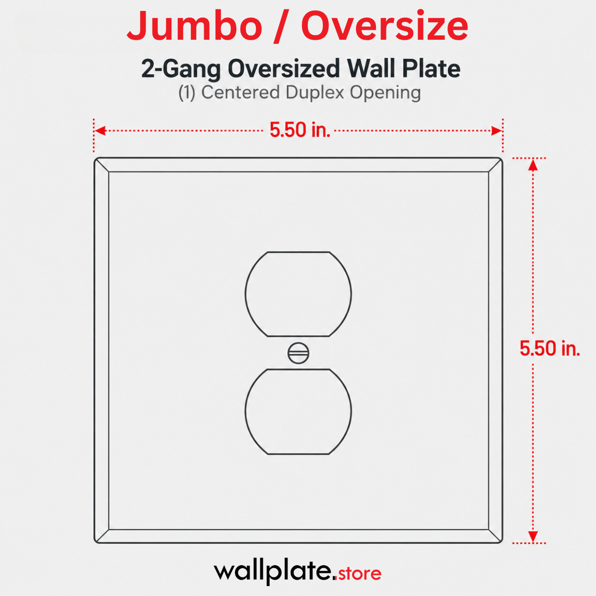 Shows the Layout and Dimensions for 2-Gang Oversize Stainless Steel Wall Plate – 1 Centered Duplex Receptacle – Type 430 Satin.