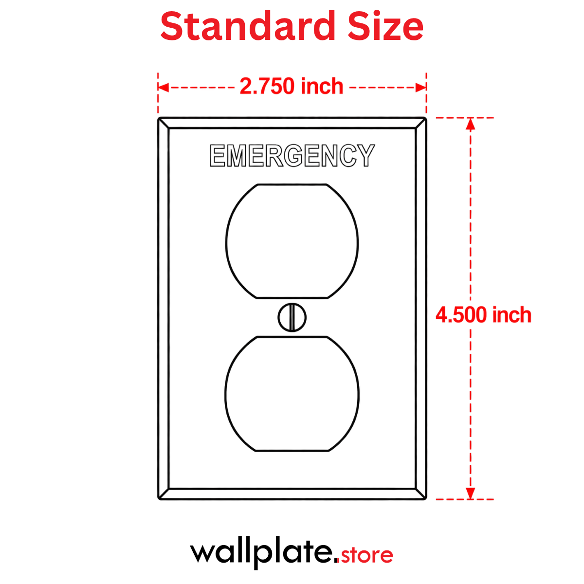 1-Gang Standard Type 304 Stainless Steel Wall Plate – Duplex Receptacle – Red “EMERGENCY” Engraving