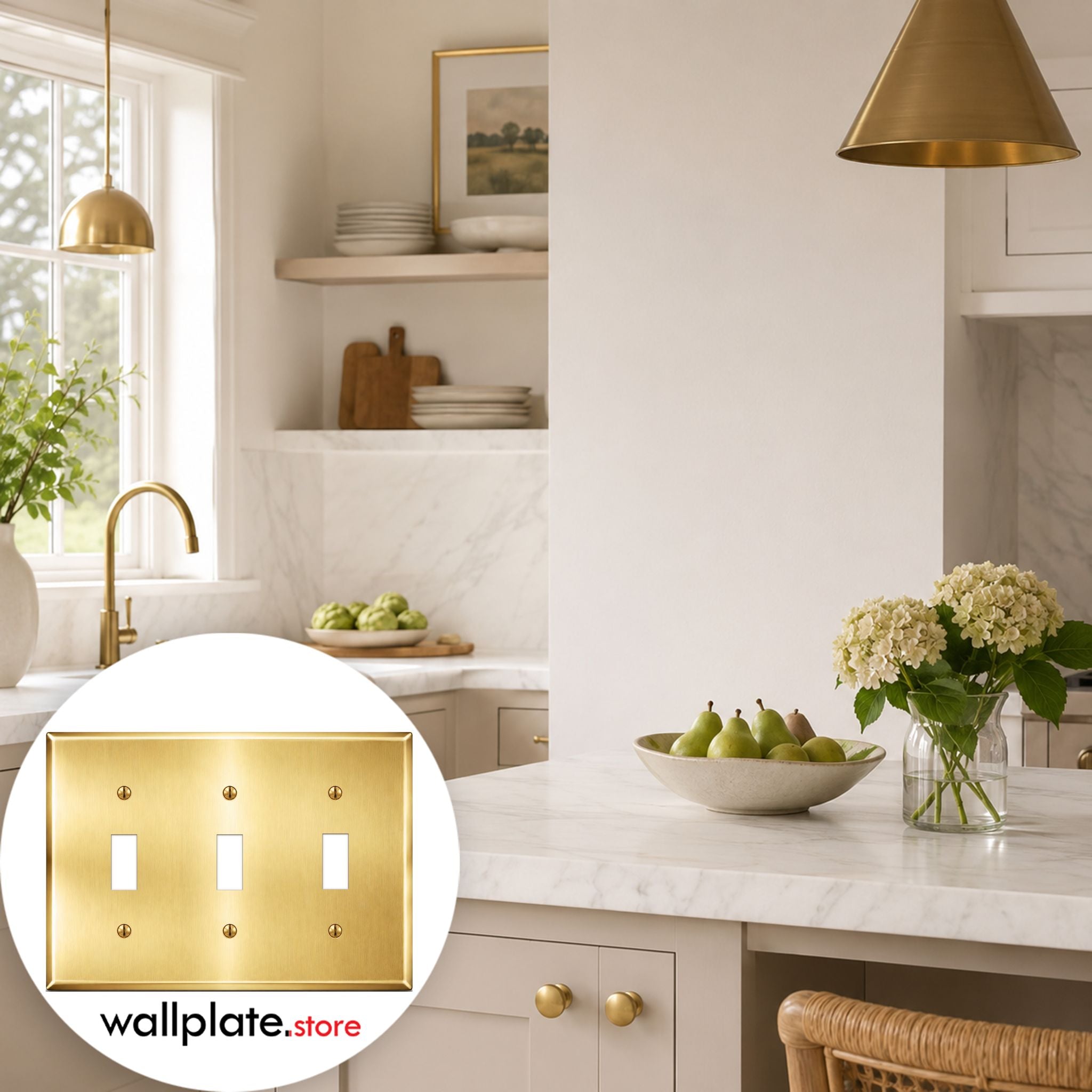 3-Gang, Standard Size, 3 Toggle Switch, Satin Finish Brass Metal Wall Plate Switch Cover -  Made in USA