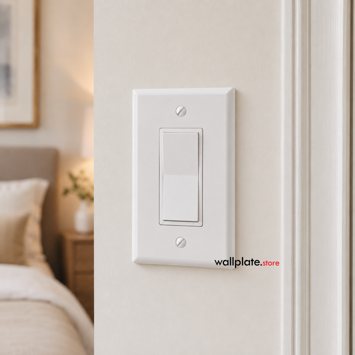 A white single-rocker wall switch plate mounted on a beige wall in a bedroom setting, with a softly blurred bed and bedside table visible in the background.