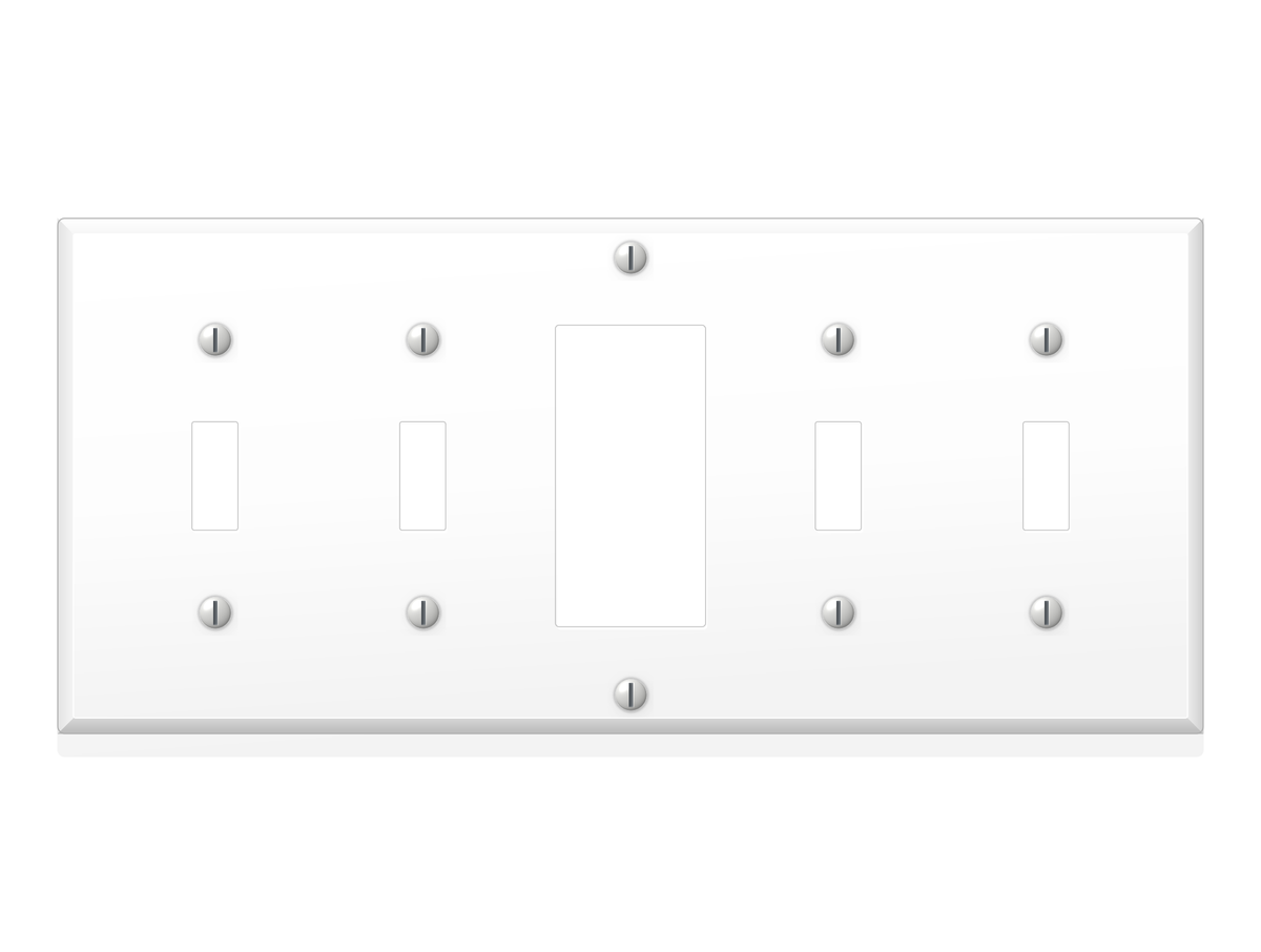 5-Gang, Standard Size, 2 Toggle Switch Openings, 1 GFCI Opening, 2 Toggle Switch Openings, White Semi-Gloss Finish, Painted Metal Wall Plate Outlet Cover - Made In USA