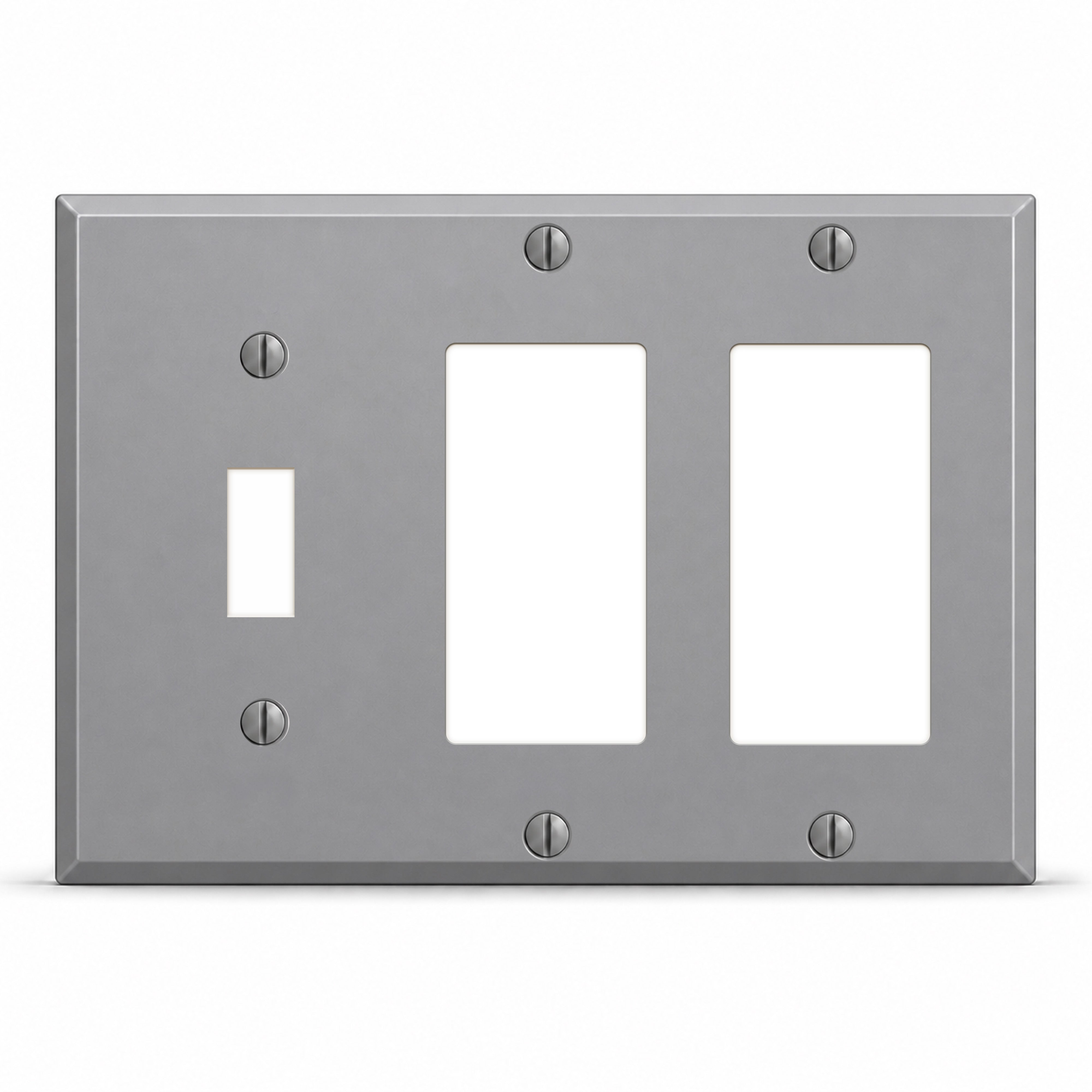 3-Gang, Standard Size, 1 Toggle Switch, 2 GFI Openings , Gray Semi-Gloss Finish, Painted Metal Wall Plate Outlet Cover - Made in USA