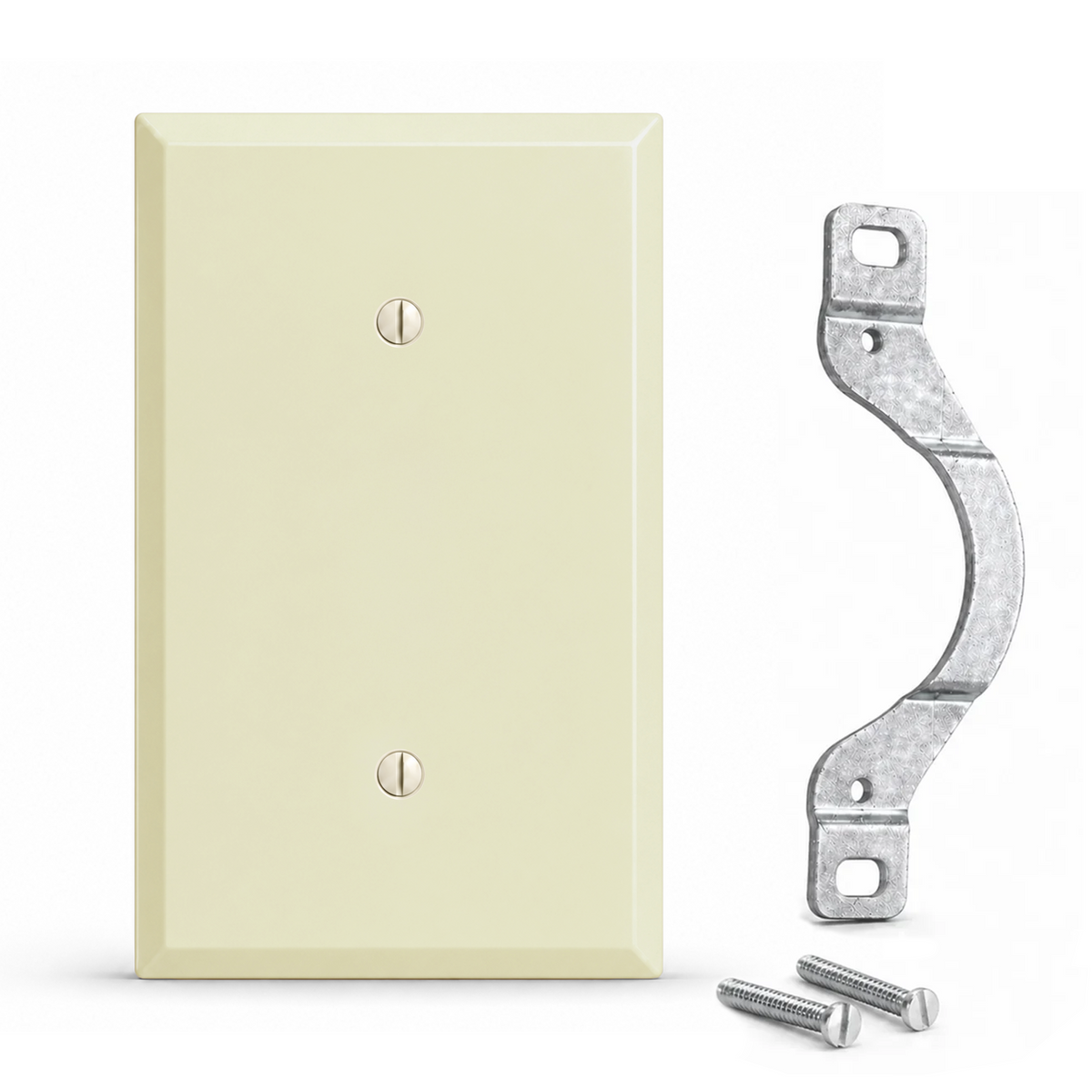 1-Gang, Standard Size, Blank Opening with Mounting Strap, Ivory Semi-Gloss Finish, Metal Wall Plate Outlet Cover - Made in USA