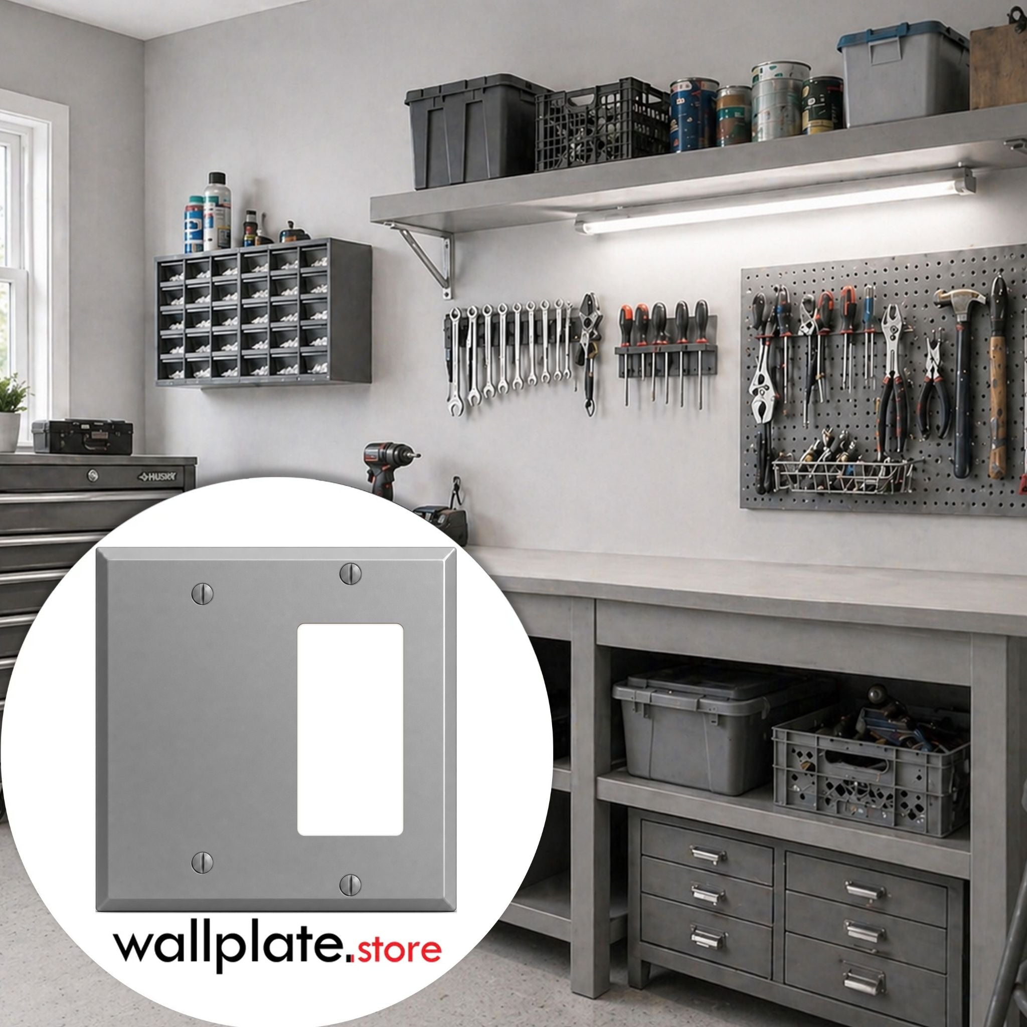 2-Gang, Standard Size, 1 GFI / 1 Blank Opening, Gray Semi-Gloss Finish, Painted Metal Wall Plate Outlet Cover - Made in USA