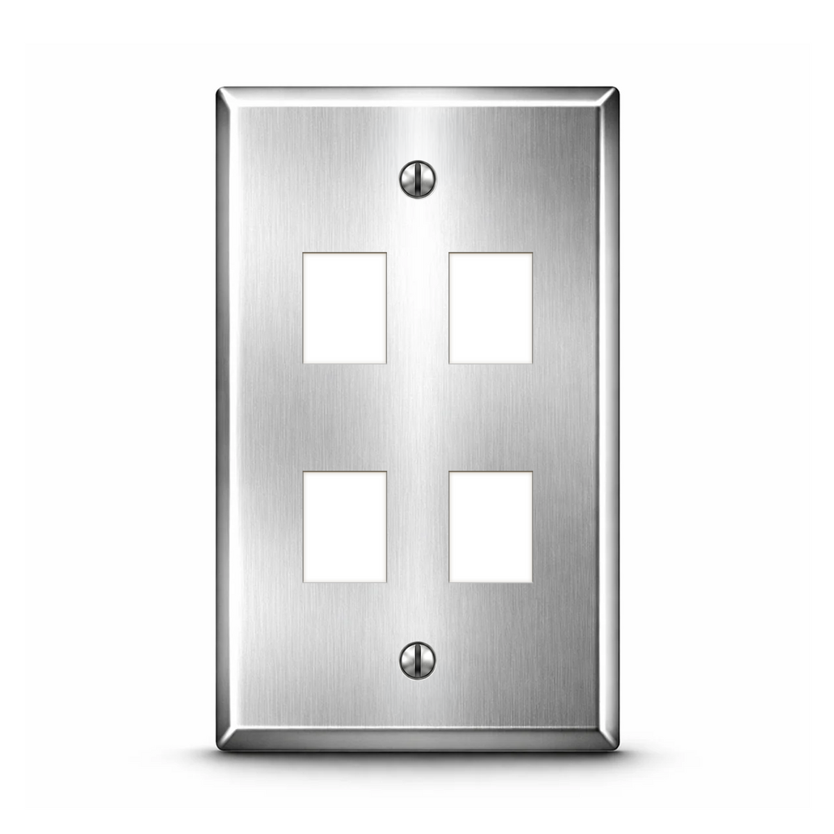 1-Gang, Standard Size, 4 RJ45 Openings for 8-Wire Modular Connectors, Stainless Steel-Type 430 Satin Finish, Type 430 Stainless Steel Wall Plate Outlet Cover - Made in USA