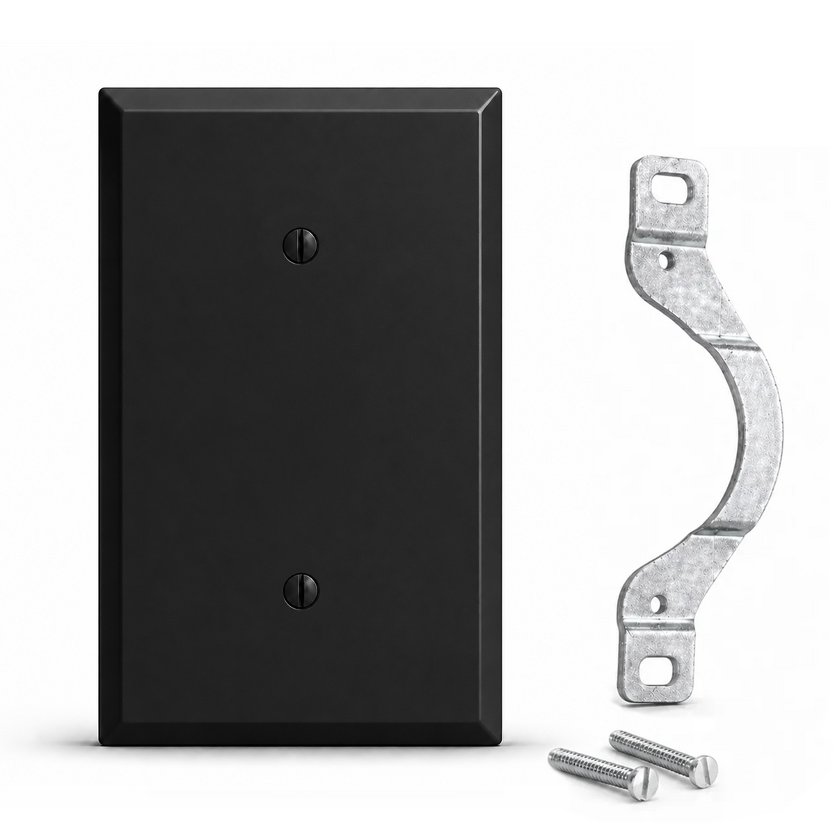 1-Gang, Standard Size, Blank with Mounting Strap, Black Matte, Painted Metal Wall Plate Outlet Cover - Made in USA