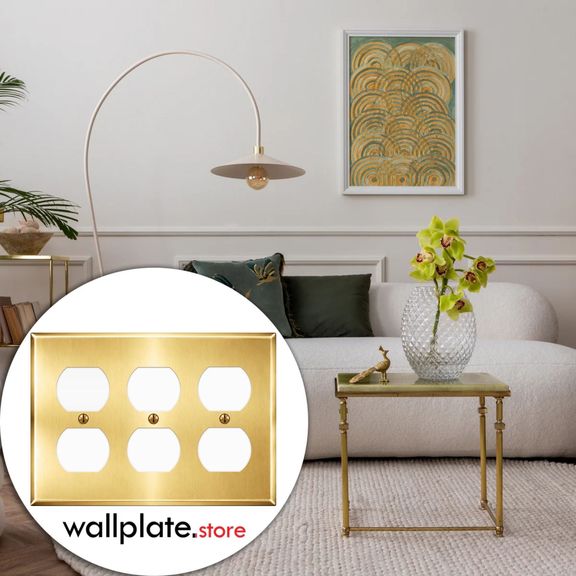 3-Gang, Standard Size, (3) Duplex Openings, Satin Brass Finish, Metal Wall Plate Outlet Cover - Made in USA
