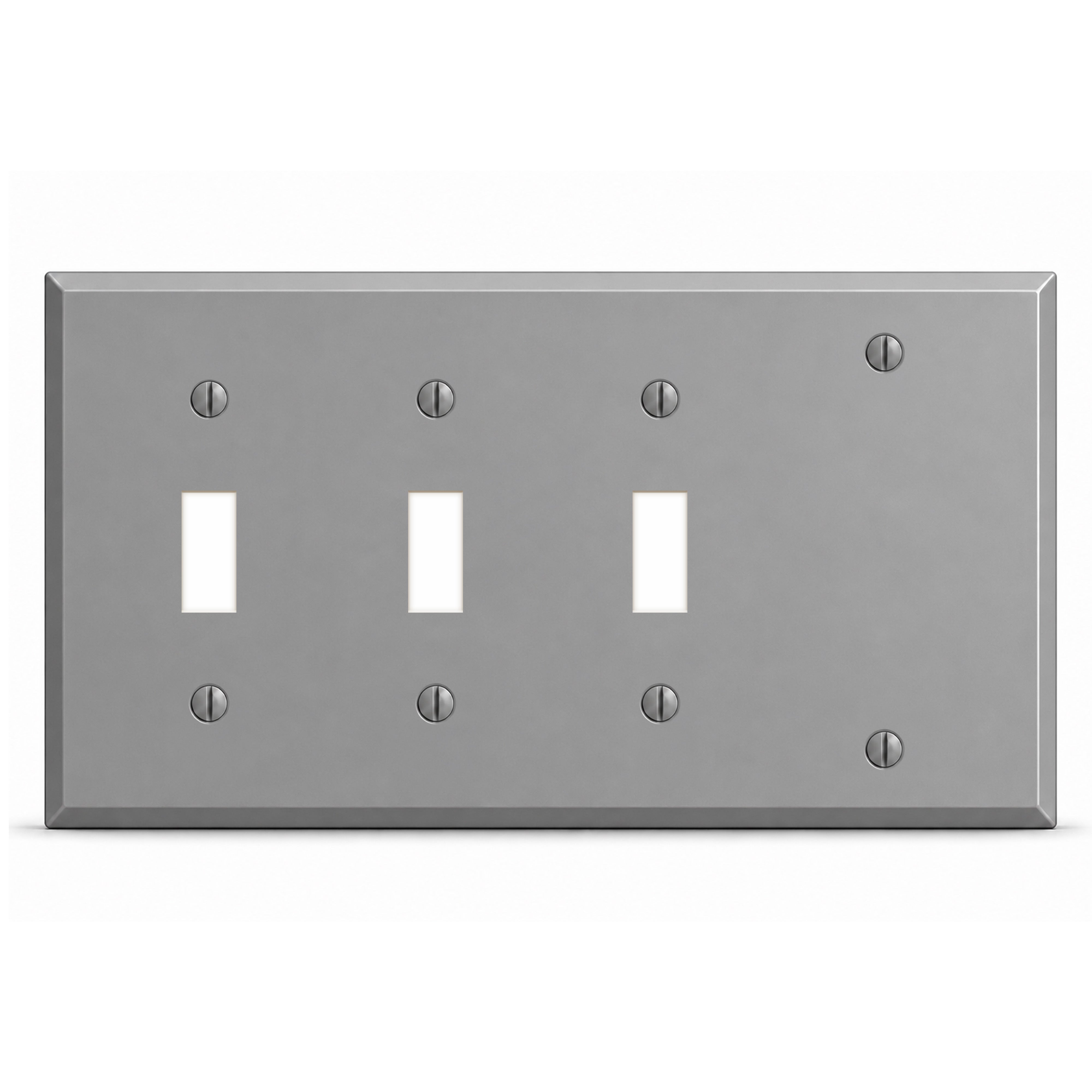 4-Gang, Standard Size, 3 Toggle Switches, 1 Blank Opening, Gray Semi-Gloss Finish, Painted Metal Wall Plate Outlet Cover - Made in USA