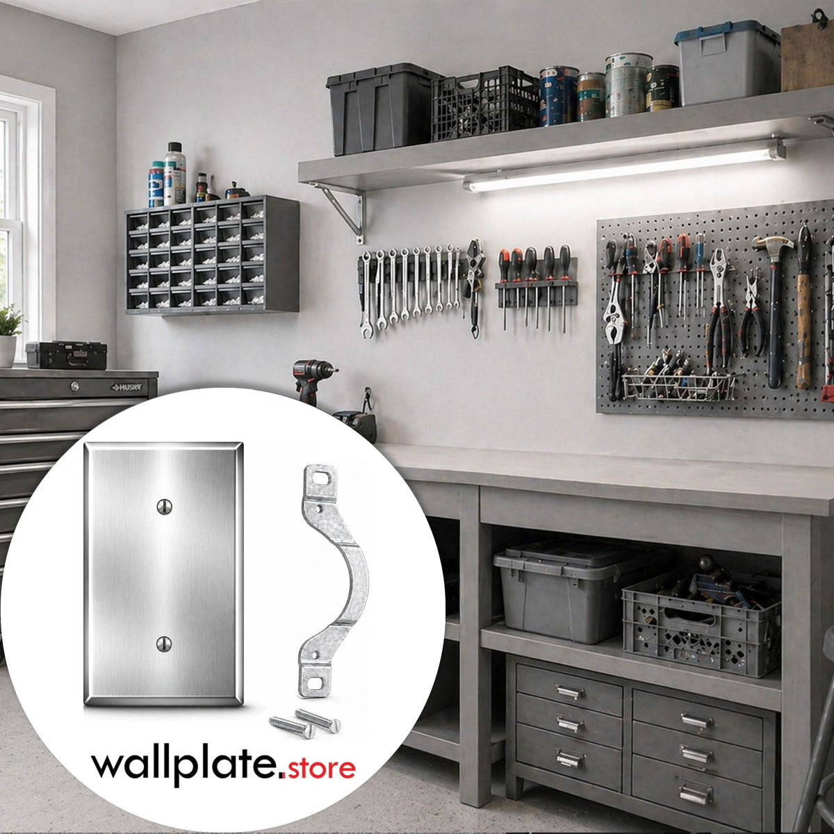 1-Gang, Standard Size, Blank Opening with Mounting Strap, Metallic Finish, Metal Wall Plate Outlet Cover - Made in USA