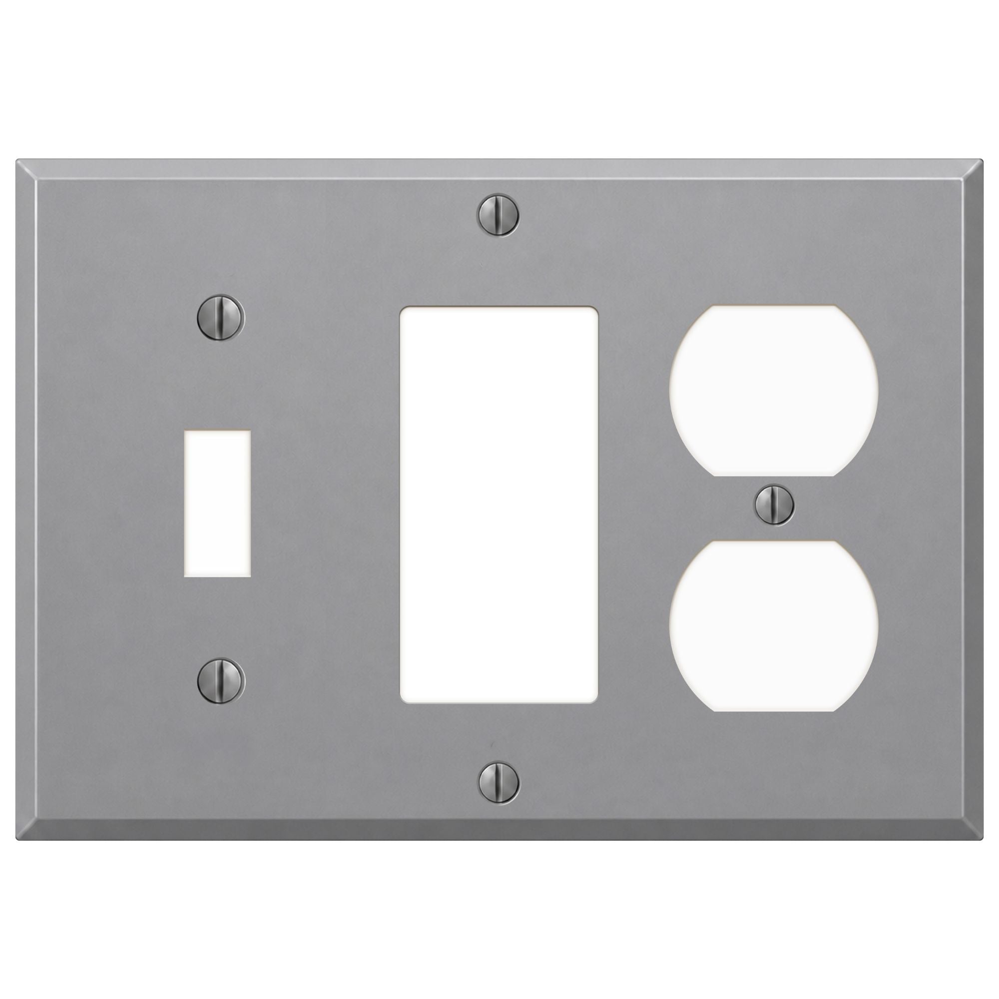 3-Gang, Standard Size, 1 Toggle Switch, 1 GFI Opening, and 1 Duplex Opening, Gray Semi-Gloss Finish, Painted Metal Wall Plate Outlet Cover - Made in USA