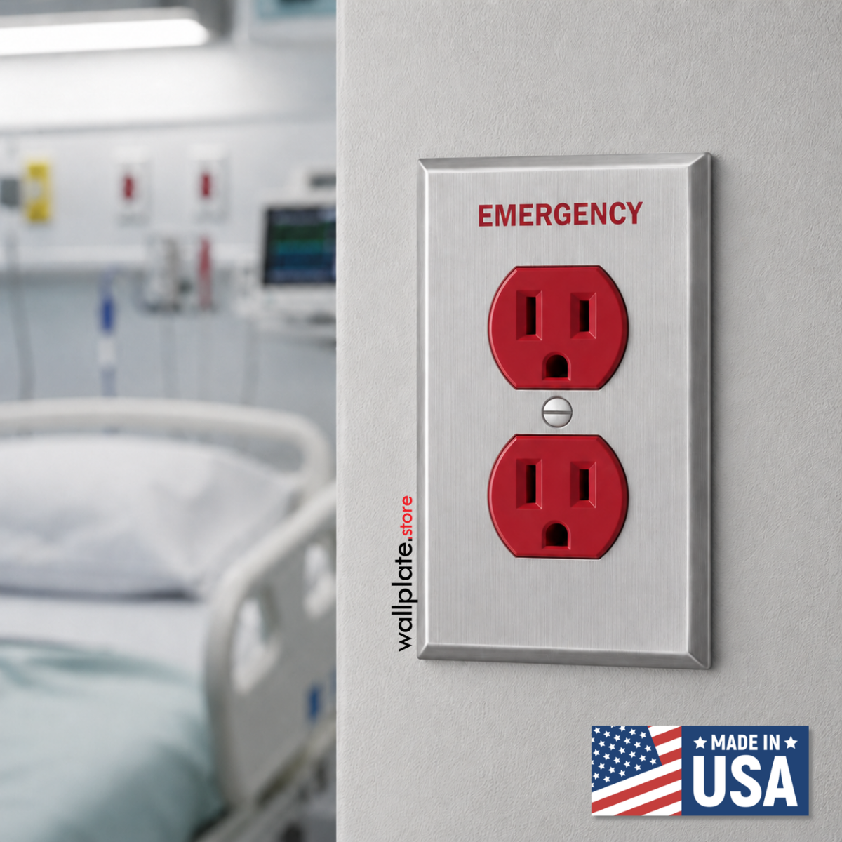1-Gang Standard Type 304 Stainless Steel Wall Plate – Duplex Receptacle – Red “EMERGENCY” Engraving