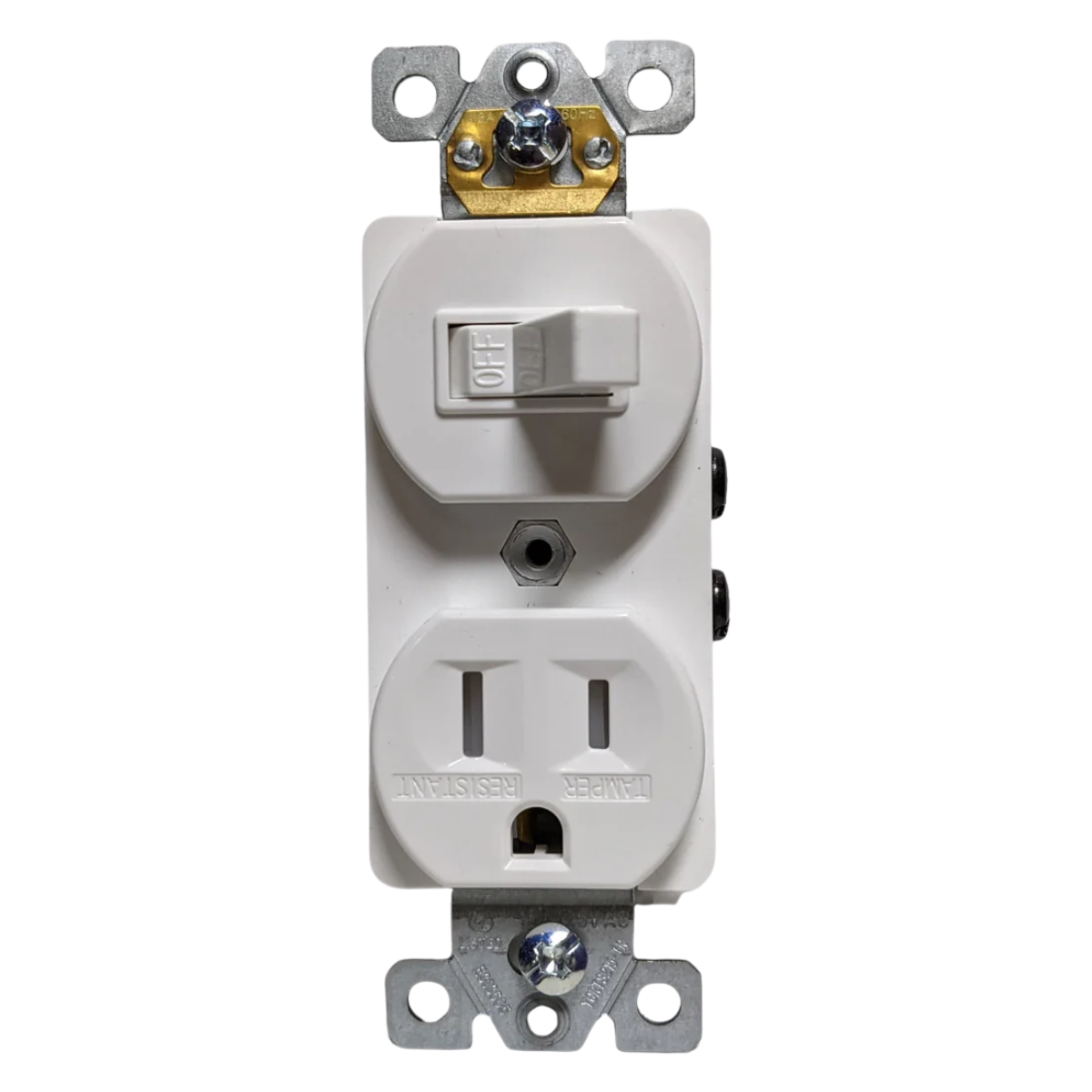 A white double outlet electrical switch combination with one toggle switch and one electrical outlet.
