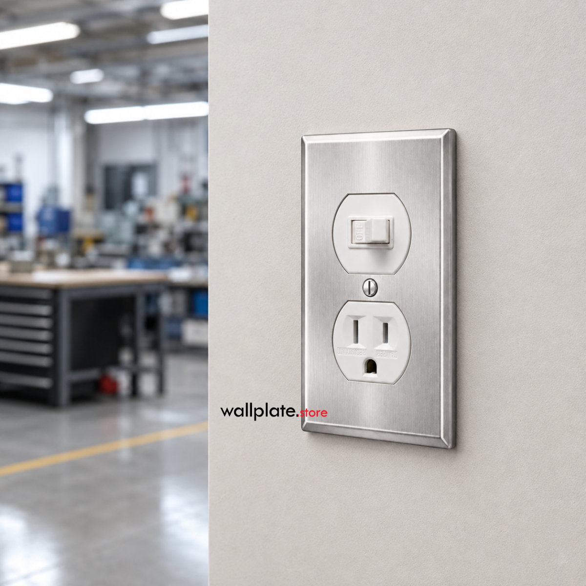 A brushed stainless steel electrical outlet cover plate with a single toggle switch outlet combination, mounted on a light gray wall. The background shows a blurred industrial workshop environment.