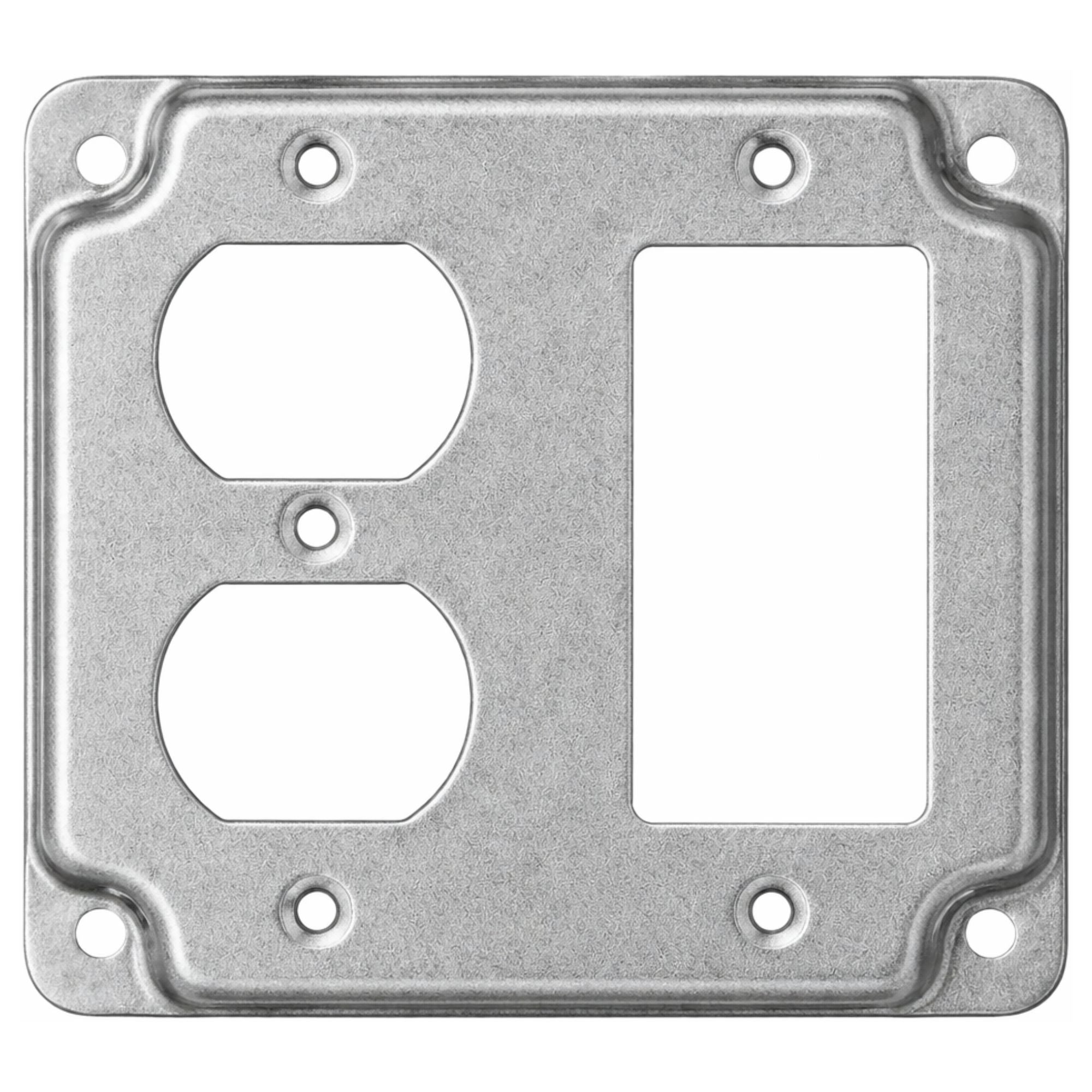 4 Inch Square Cover, Raised 1/2 Inch, Finished Galvanized Steel Duplex & Rocker/GFI