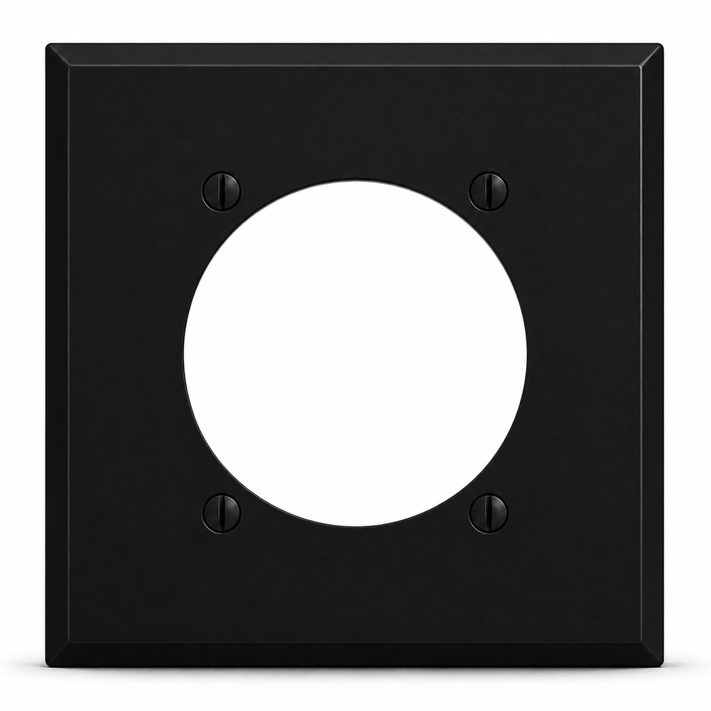 2-Gang, Standard Size, Centered 30/50/60A 4-Wire Round Receptacle Opening (2.625 in. ID), Black Matte, Painted Metal Wall Plate Outlet Cover - Made in USA