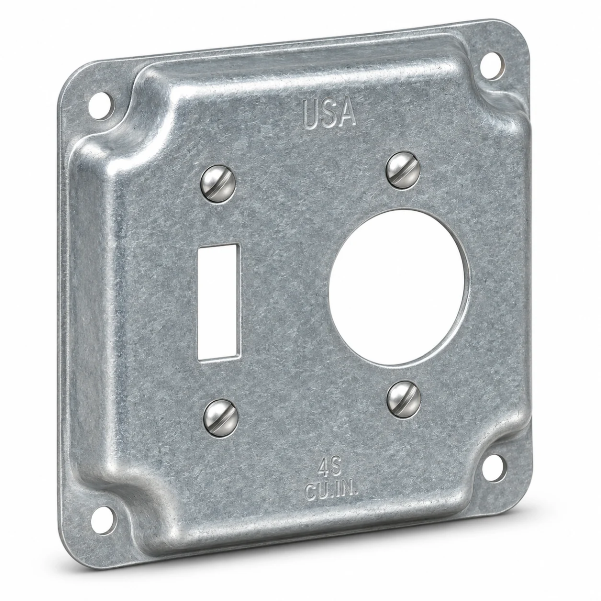 4 Inch Square Raised Box Cover for Toggle Switch and 1.405 Inch Diameter Single Receptacle – Galvanized Steel